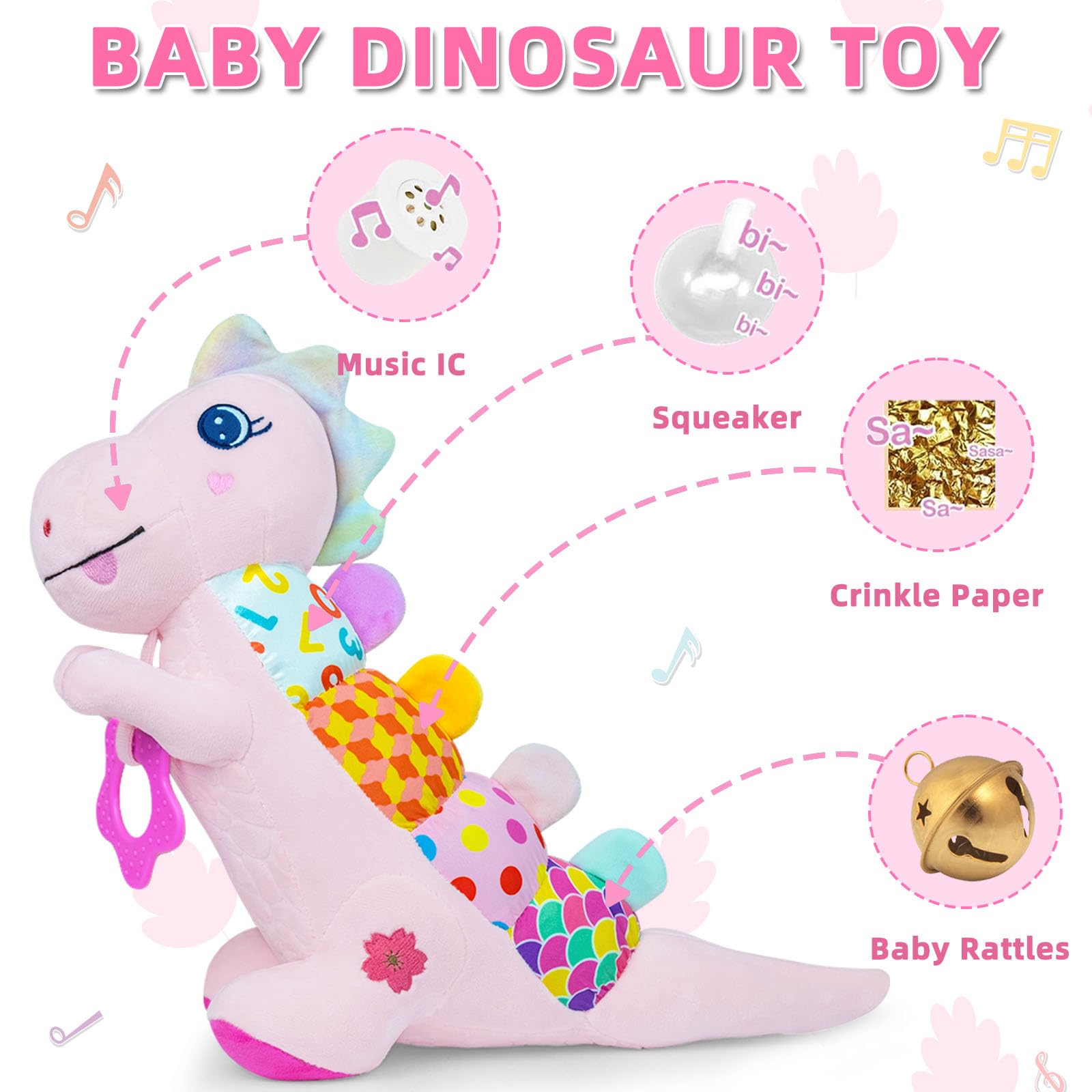 Baby Dino Musical Stuffed Animal Toys for 0-3-6-9-12 Months，Infant Dinosaur Tummy Time Toys with Crinkle Sound Paper，Teether，Textures & Rattles for Newborn Boys Girls Birthday Gifts，Pink