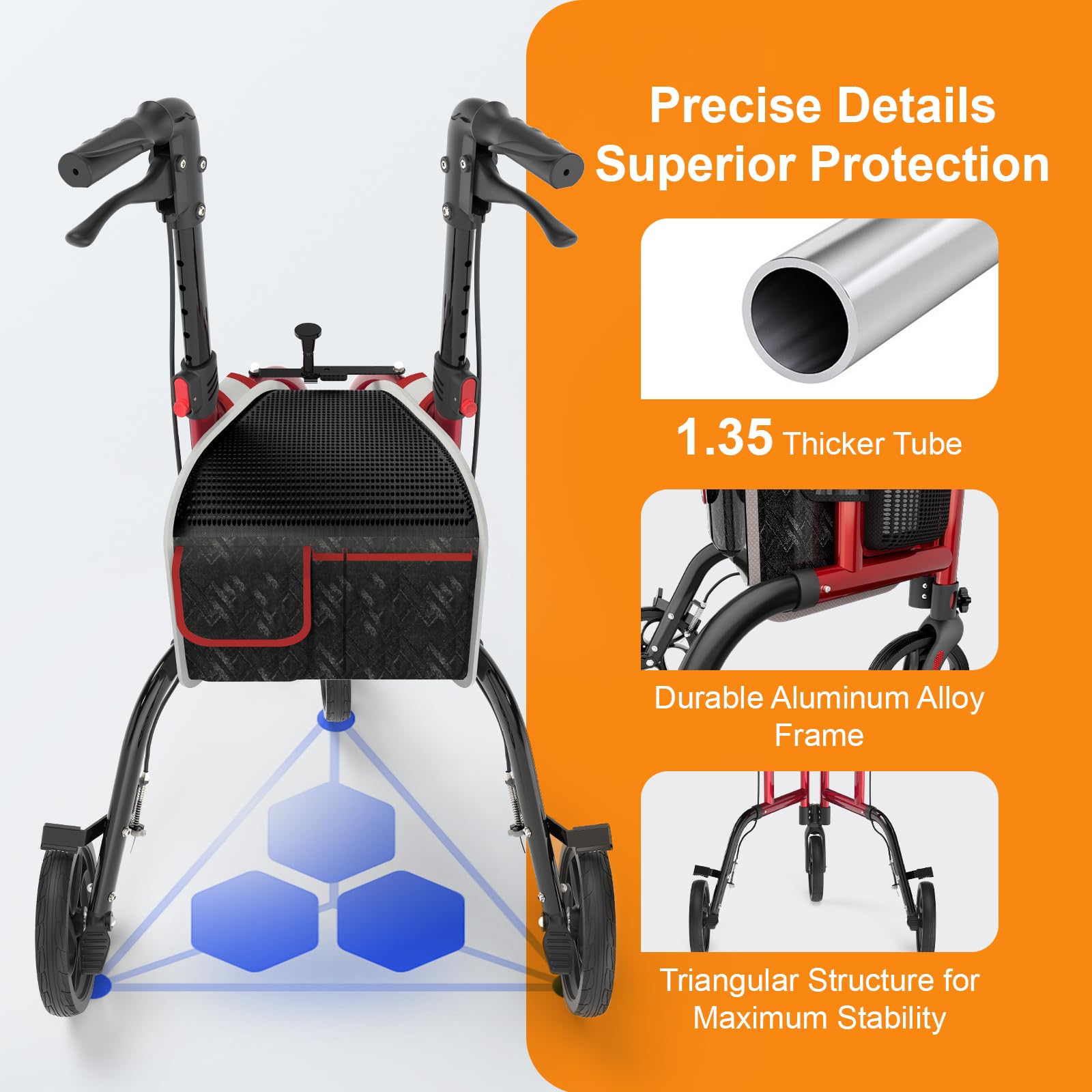 SUCCU 3 Wheel Walkers for Seniors, Narrow Foldable Wheeled Rollator Walker, Lightweight Three Wheels Rolling Walker, 350lbs Capacity, Height Adjustable Rollator for Elderly, Aluminum Alloy