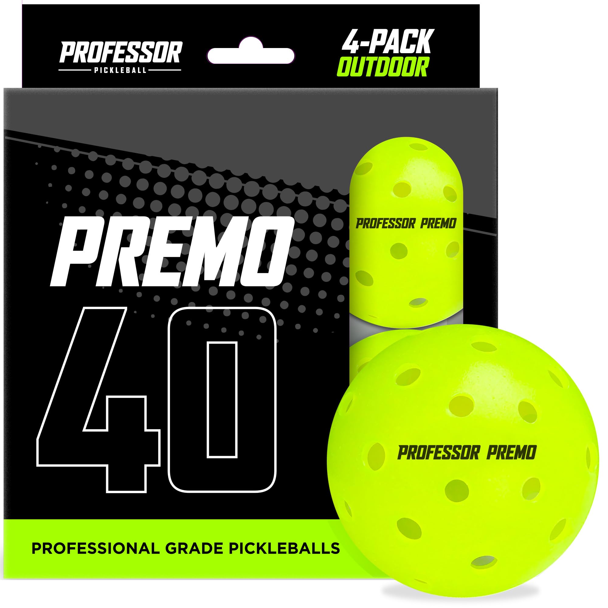 Professor Pickleball PREMO40 Outdoor Pickleball Balls - Tournament Grade Premium Pickleball - 4 Pack of Balls, 12 Pack, 36 Pack, 100 Pack - USAPA Approved PickleBall Balls