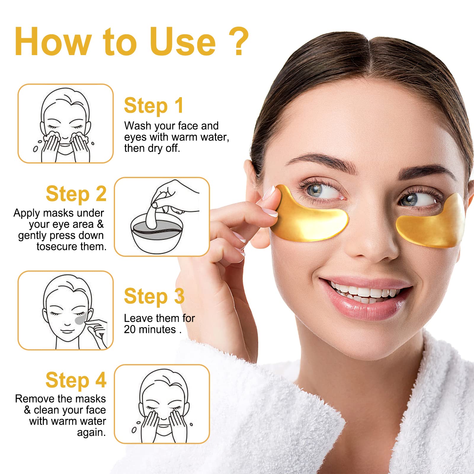 LAVONE Eye Mask-30 Pairs 24K Gold Under Eye Patches Skin Care Products-Eye Masks Skincare for Dark Circles and Puffiness,Reduce Wrinkles,Eye Bags and Fine Lines,for Women and Man,with Hair Clips