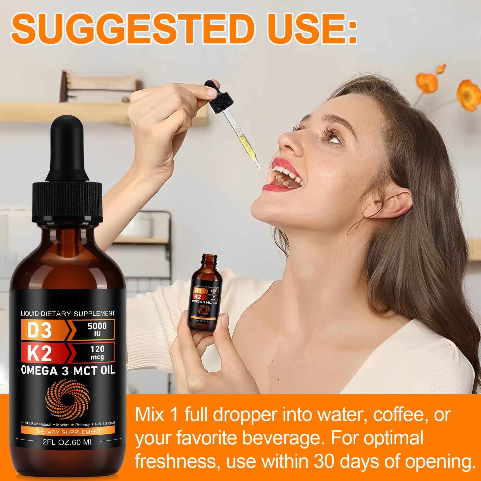 Vitamin D3 5000 IU & K2 (MK-7) 120 mcg 60ml Drops with MCT Oil Omega 3, Liquid Vitamin D3 & K2 Supplements - 2 Months Supply -Supports Bones, Teeth, Mood & Immune System, Calcium Absorption