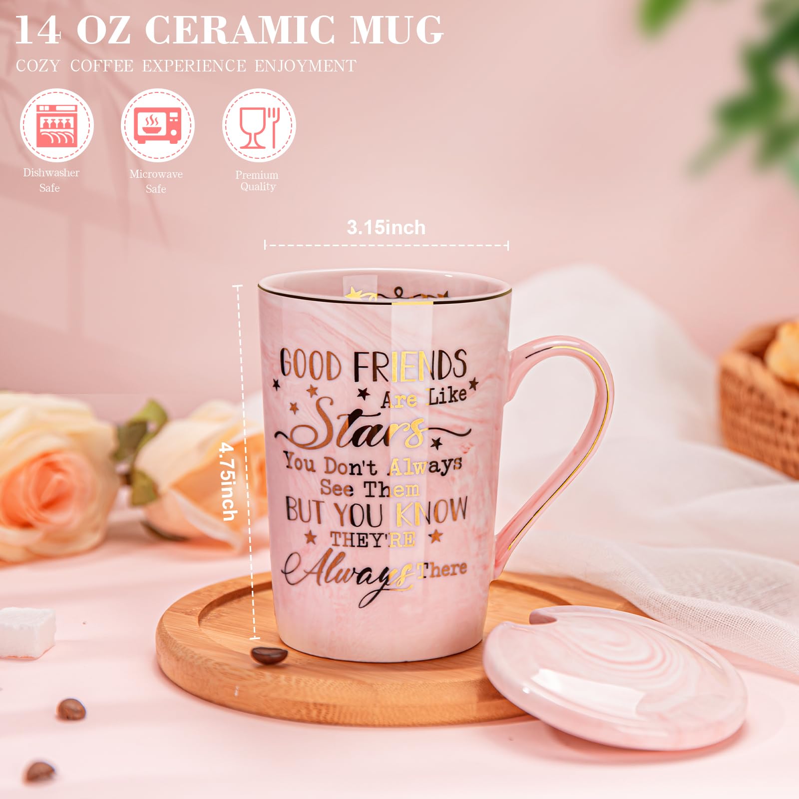 Best Friends, Friendship Gifts for Women Birthday Christmas Gifts for Women Unique Birthday Gifts Ideas for Her, Friends Female, Besties, BFF Ceramic Marble Coffee Mug Gift Box Printed Gold 14 oz Pink