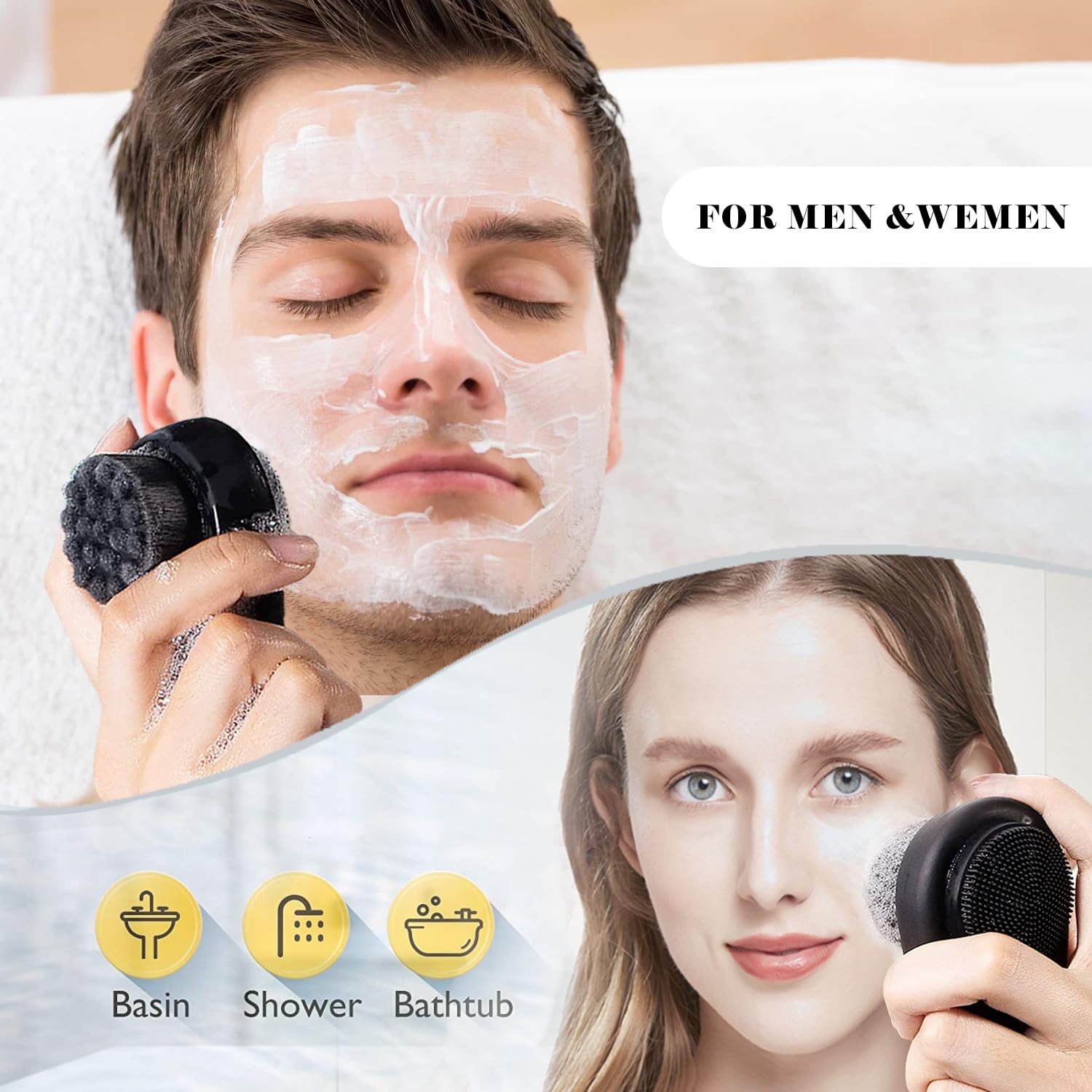 2 Pack Facial Cleansing Brushes, Face Brush with 2-in-1 for Deep Pore Cleansing and Exfoliation, Silicone Scrubber & Soft Bristle Sides (Black & Black)