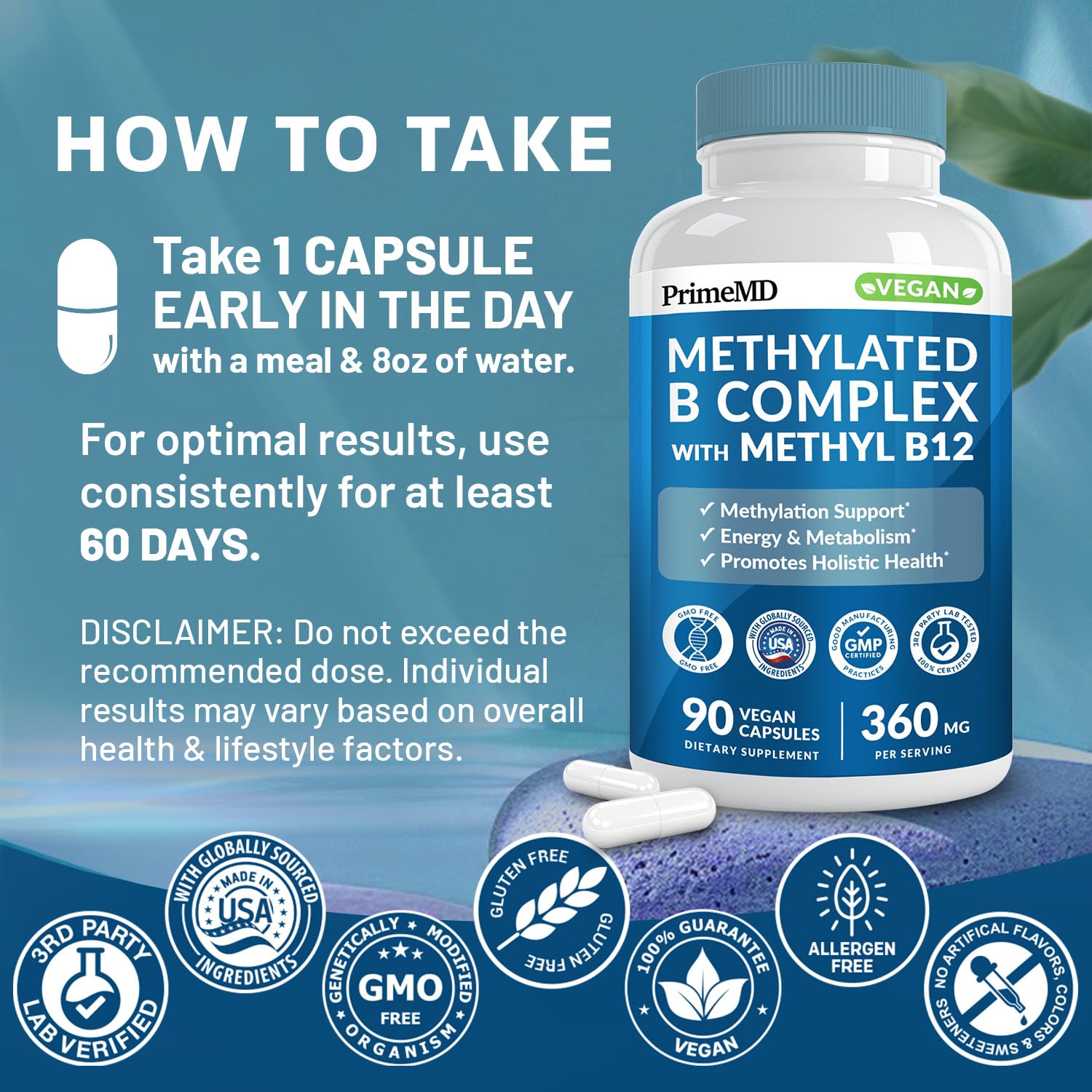 Methylated B Complex with Methylfolate and B12 Methylcobalamin 1000 mcg - Methylated Multivitamin for Energy, Brain Function, and Wellness - Vitamin B Complex for Men & Women (180 Servings, Pack of 2)