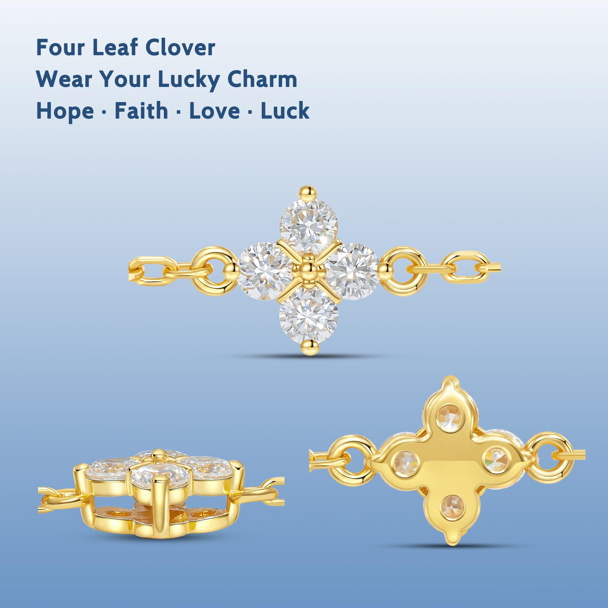 Lab Grown Diamond Bracelets for Women, 1.4 CT 18K White/Yellow Gold Over 925 Sterling Silver Four Leaf Clover Bracelet, D Color VS1 Clarity Diamond Adjustable Bracelets for Birthday Valentines Gifts