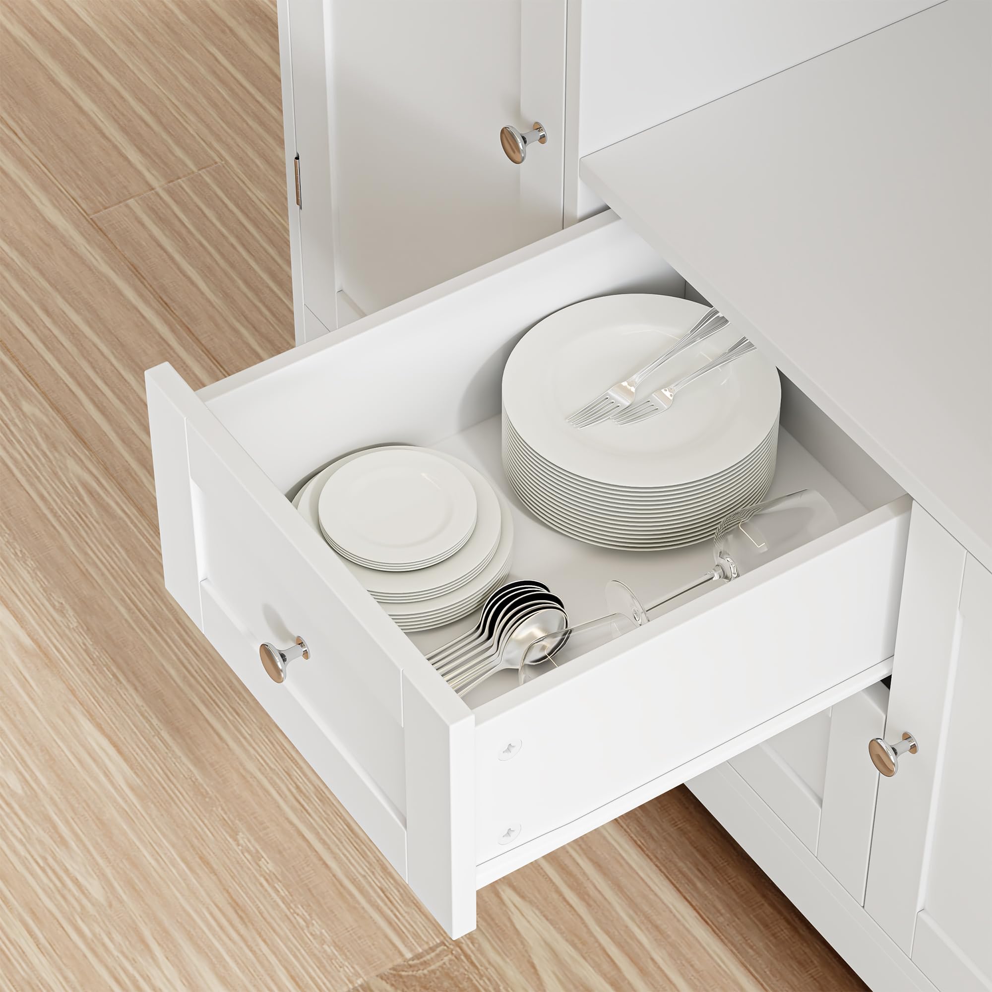 BOTLOG Buffet Cabinet with Microwave Stand, Kitchen Storage Cabinet with Door Shelf, Drawers and Adjustable Shelf, Kitchen Sideboard Cabinet with Storage Cabinet White Painted