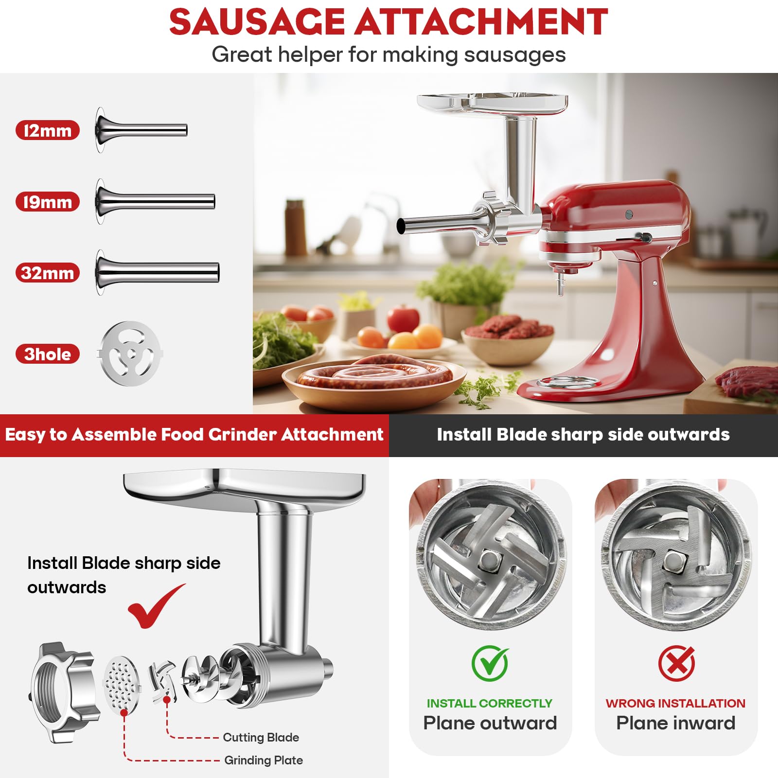 Meat Grinder & Stainless Steel Slicer Shredder Attachment for KitchenAid Stand Mixer, Meat Grinder Attachment with Sausage Stuffing Set and Salad Machine, As kitchen aid accessories and attachments