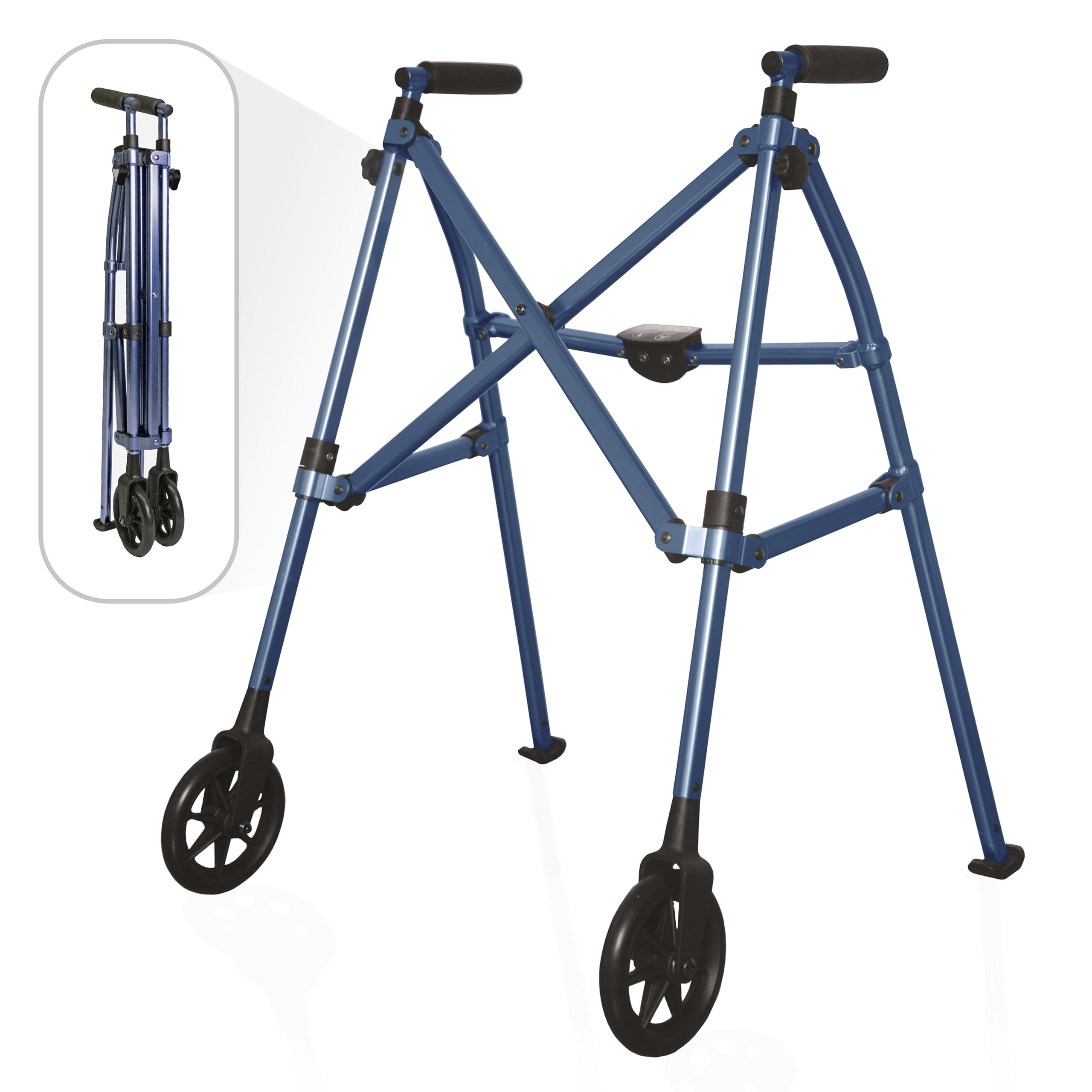Stander Space Saver Walker, Lightweight Folding Rolling Mobility Aid for Seniors & Adults, Compact 2-Wheel Disability Device with 6-inch Wheels & Ski Glides for Walking Support, Cobalt Blue