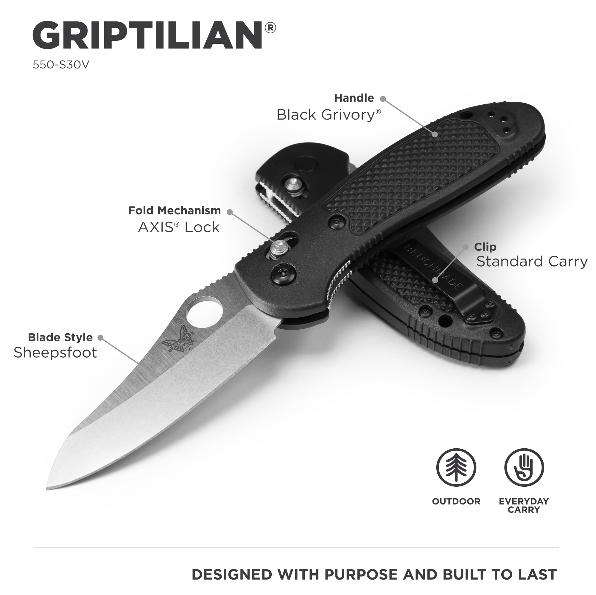 Benchmade - Griptilian 550-S30V EDC Knife with Black Handle (550-S30V)