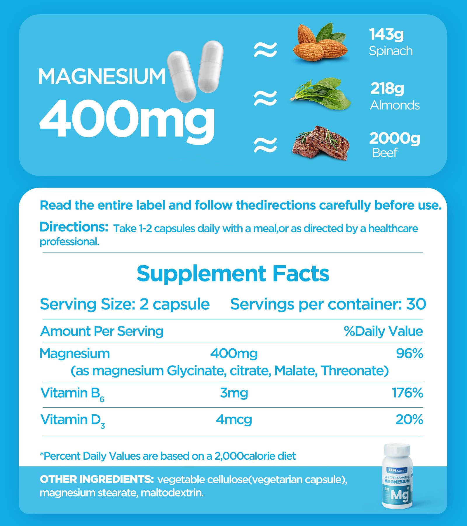 Quadruple Magnesium Supplement, 400mg of Chelate Magnesium Glycinate, L-threonate, Citrate & Malate | Max Absorption Complex w/Vitamin D3 & B6, for Sleep Heart Muscles Nerves, Non-GMO, 60 Vegan Caps