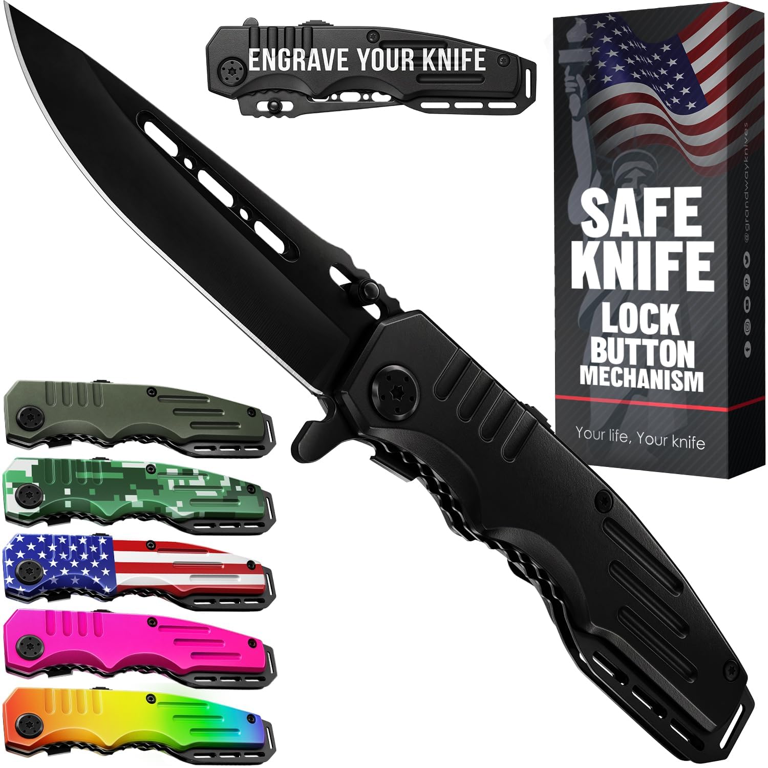 Safety Lock Pocket Knife - Spring Assisted 3.4-inch Sharp Blade - Folding Tactical Black Knife with Aluminum Handle - Ideal Knives Set for EDC Camping Hunting Survival - Birthday Gift for Men & Women 6681