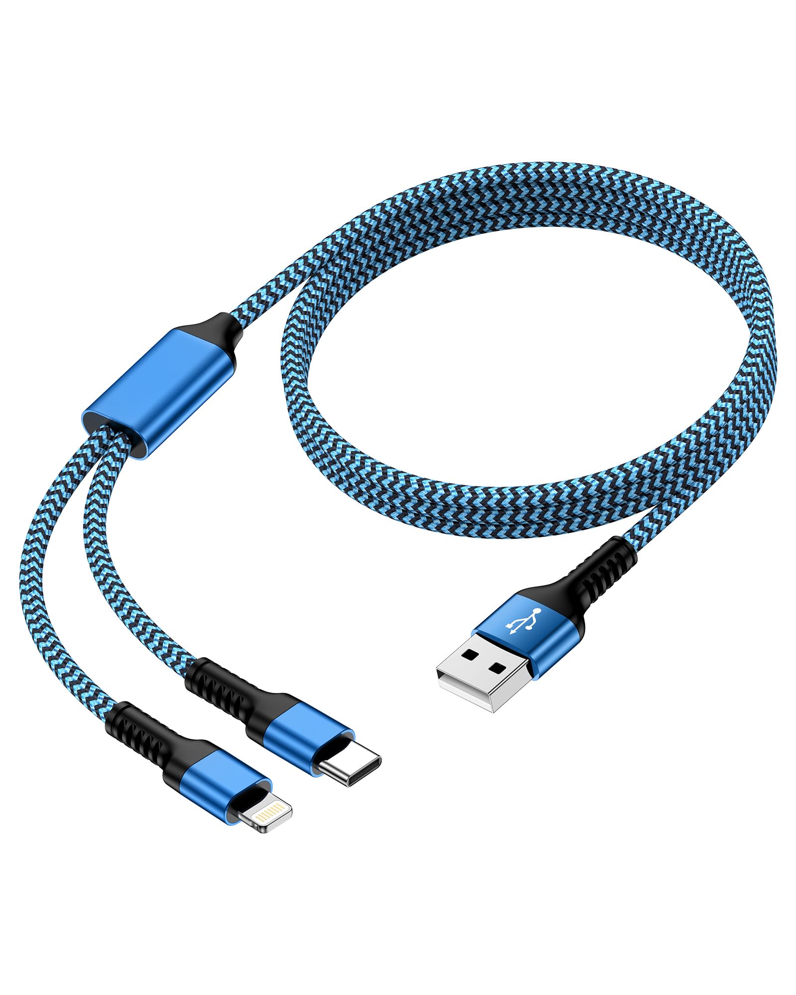 Multi USB Charging Cable USB to USB C and Lightning Cable, 4ft Braided 2 in 1 Fast USB Cable with Type C/Lighting Port for iPhone 16 Pro Max 15 14 13 12 Samsung Google iPad Multiple Phone Charger Cord