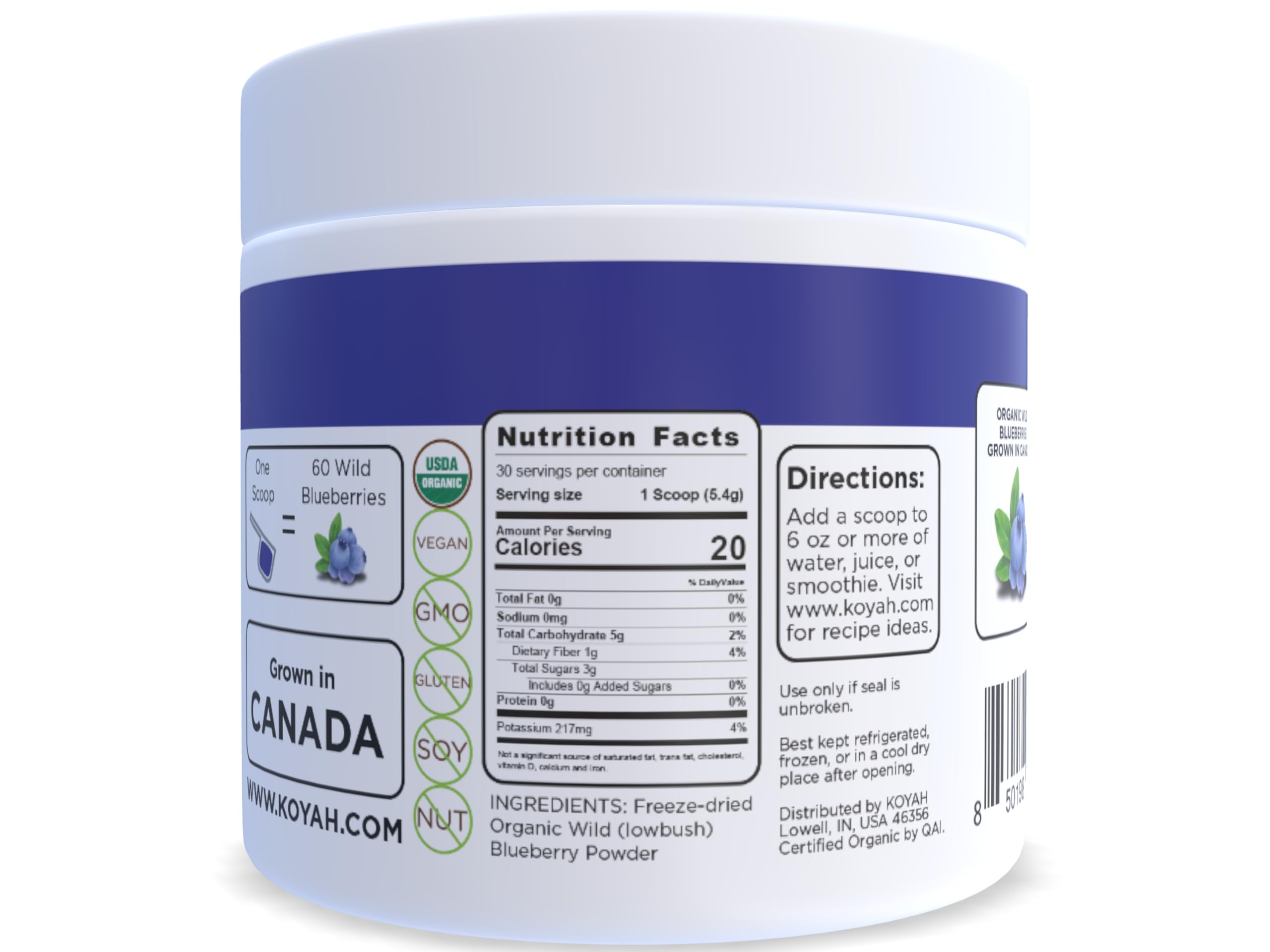 KOYAH - Organic Wild Blueberry Powder (Lowbush Variety - Vaccinium angustifolium): 30 Servings (1 Scoop = 60 Berries), Canada Grown, Freeze-Dried, Whole-Berry Powder