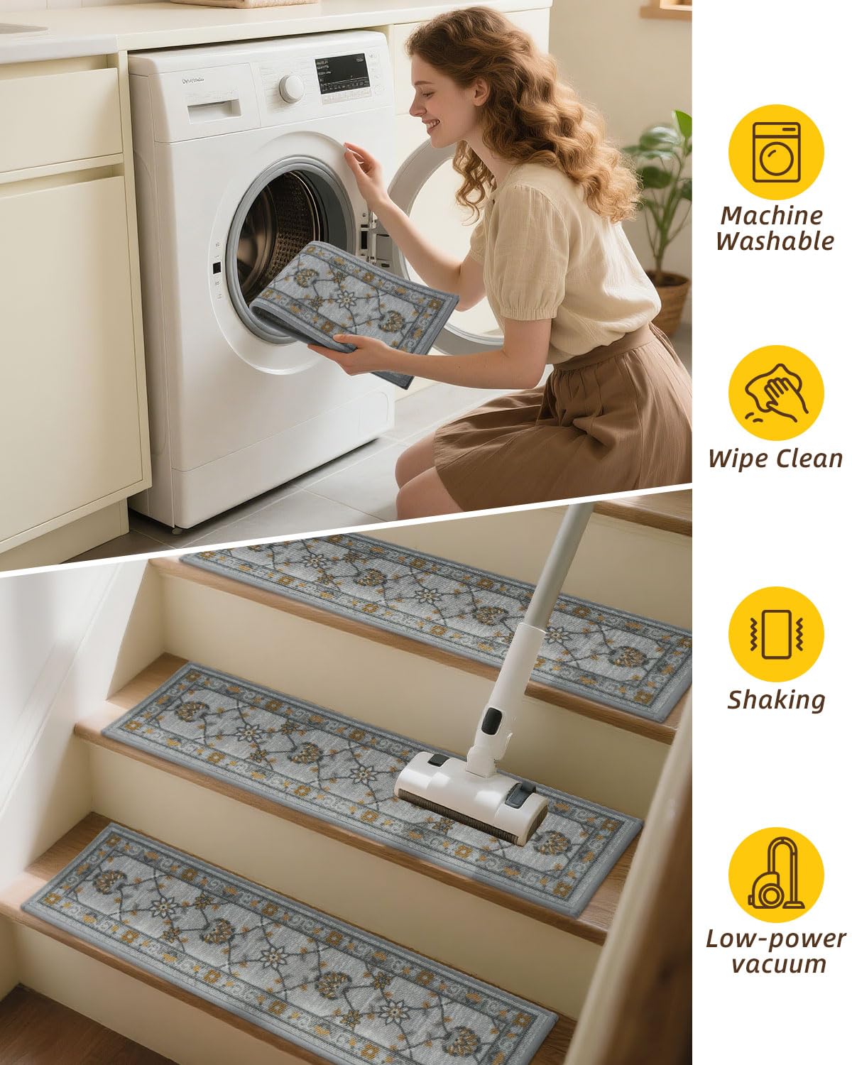 JSEI Stair Treads for Wooden Steps, 15 Pack 8" X 30" Non-Slip Machine Washable Carpet Stair Treads with TPE Backing, Soft Indoor Stair Rug Runner for Kids Elders & Pets, 100% Polyester, Grey/Orange