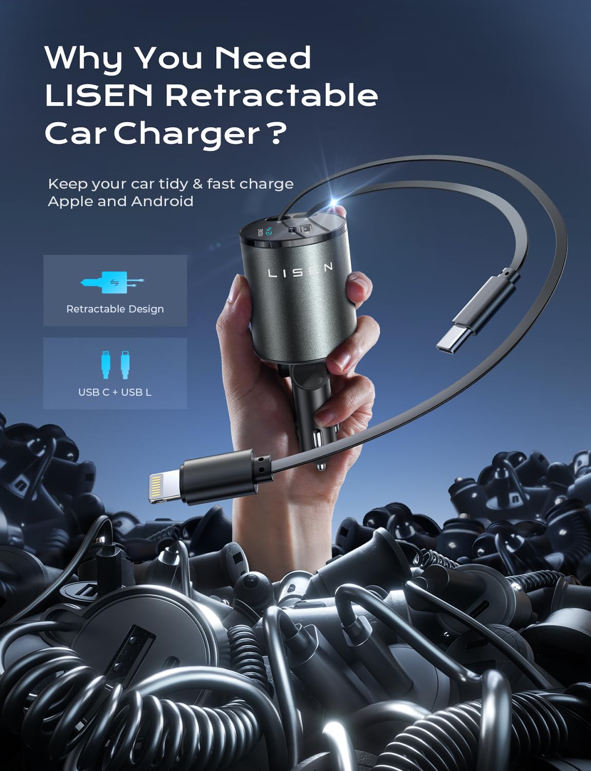 LISEN 4 in 1 Retractable iPhone Car Charger [All Metal] [69W], Fast Charge Car Phone Charger Adapter Retractable Cables, Car Organization for iPhone 16 15 14 13 12 Pro Max Plus iPad Samsung Pixel iPad