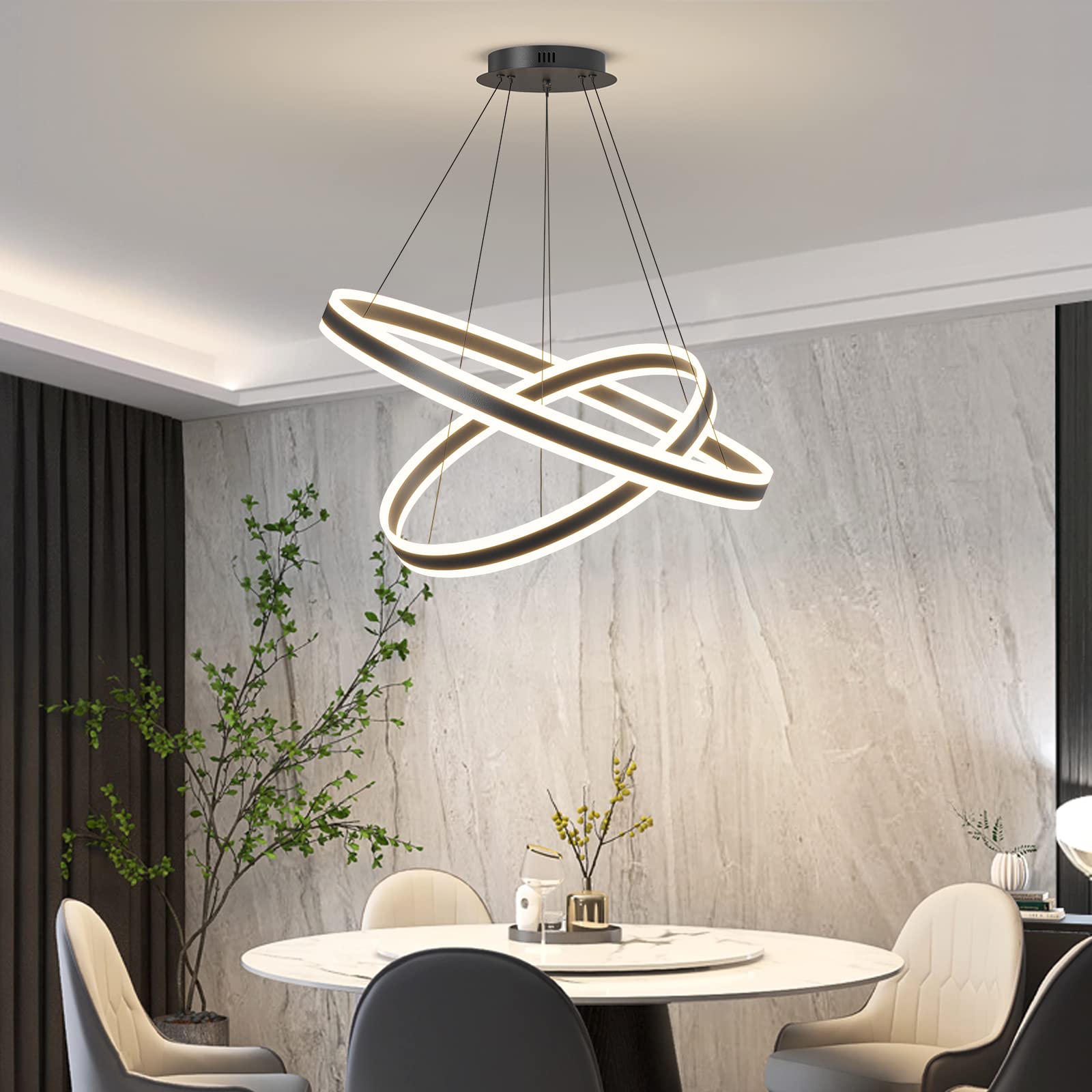 Modern Chandeliers for Dining Room, 2-Ring LED Chandelier Light Fixture for Living Room, Black Circle Hanging Pendant Light with Remote Control for Bedroom, Adjustable Height, 3000-6500K Dimmable