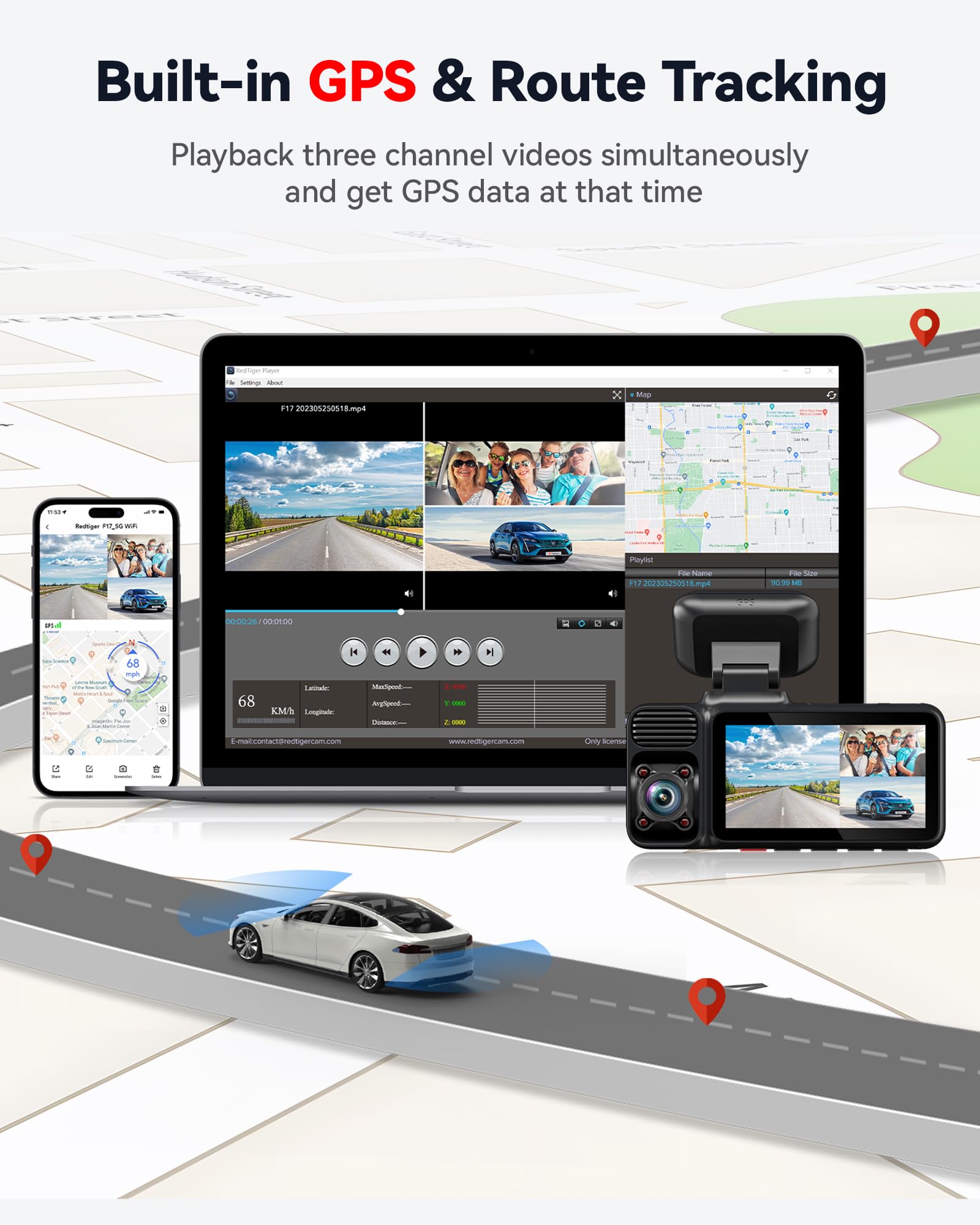 REDTIGER 4K 3 Channel Dash Cam 5G WiFi Built-in GPS with 64GB Card, 2160P+1080P+1080P Front and Rear Inside Loop Recording, Triple Car Camera with 3 Inch Screen, IR Night Vision, WDR, Parking Mode