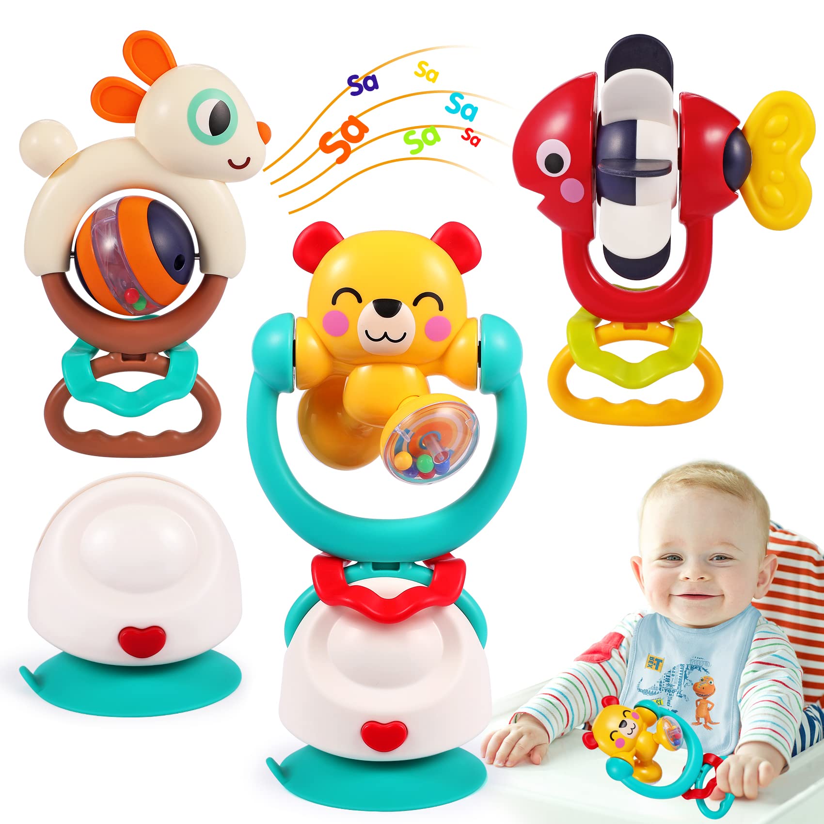 Baby Toys 6-12 Months Infant Toys Set of 3 High Chair Suction Cup Rattle Teething Toys for Baby 6 7 9 12-18 Months 2-in-1 Sensory Development Tray Toy Baby Gifts Boys Girls Easter Basket Stuffers