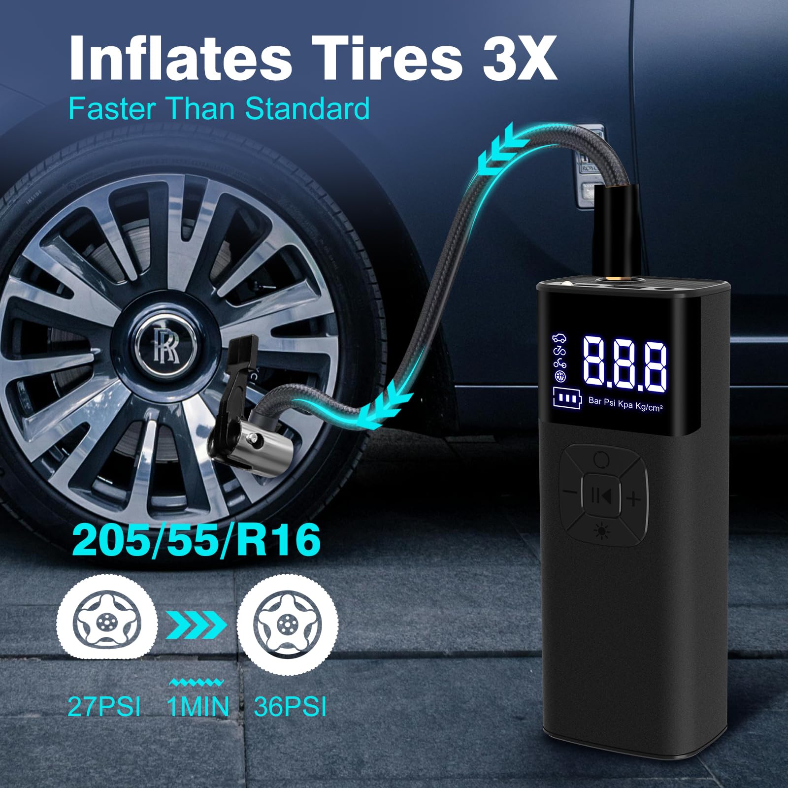 CJYGEGE Tire Inflator Portable Air Compressor - 12V DC, 150PSI, 4X Faster Cordless Air Pump with Digital Pressure Gauge and LED Light for Cars, Motorcycles, Bikes, Balls