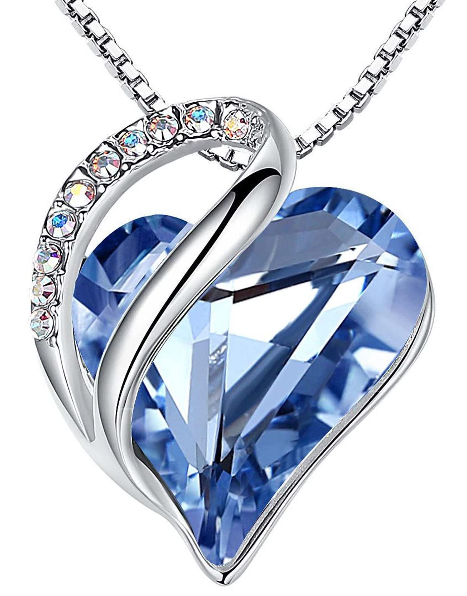 Leafael Holiday Gift Necklaces for Women, Infinity Love Light Sapphire Blue Heart Pendant, Birthstone Crystal for March & December, Silver Plated 18" + 2" Chain, Christmas Jewelry or Birthday Gifts