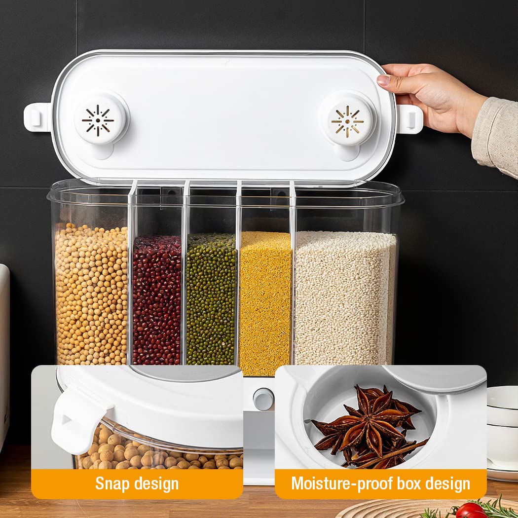 Conworld Dry Food Dispenser, Wall mounted 5 Grid Grain Dispenser, Rice Dispenser 25 Pounds Kitchen Storage with Measuring Cup, Not Suitable for Cereal, Cashews, Trail Mix, Suitable for Rice, Beans