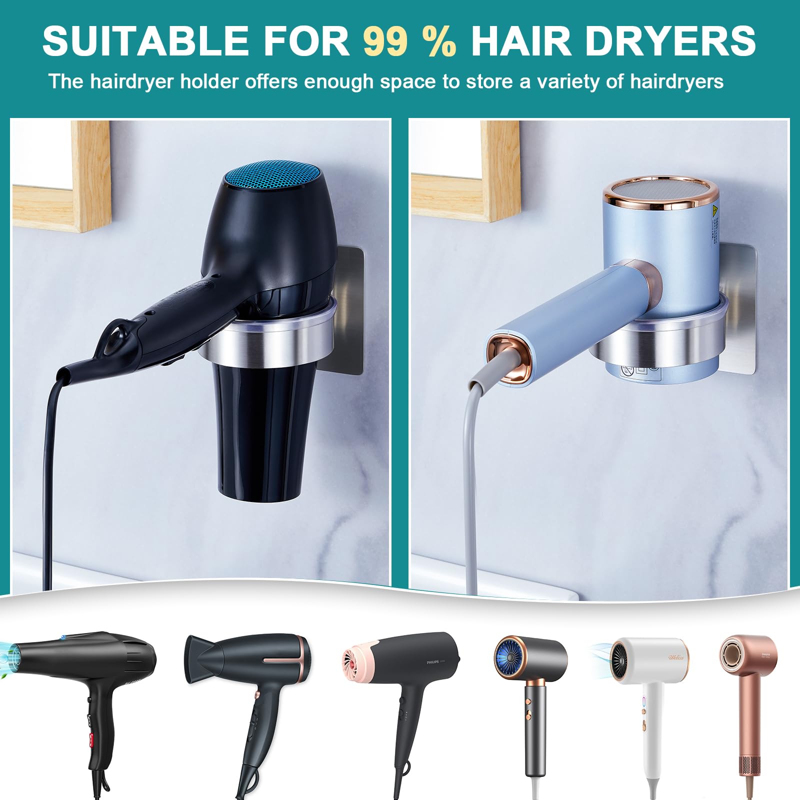 YAYINLI Hair Dryer Holder Wall Mount, Blow Dryer Holder Wall, Adhesive Hair Dryer Hanger, Blow Dryer Organizer, Hair Tools Organizer for Bathroom Salon Barber Shop Hotel (Silver)