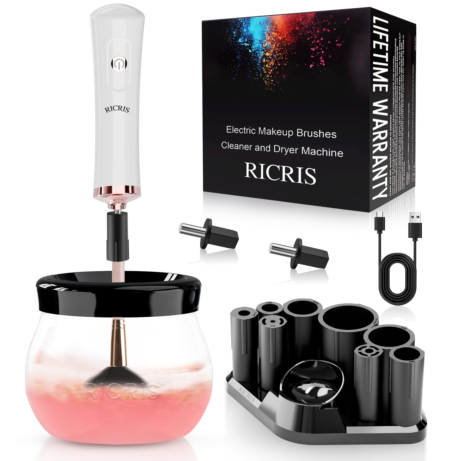 RICRIS Electric Makeup Brush Cleaner Machine - Ultra Fast USB Make Up Brush Washer and Dryer - Automatic Cosmetic Brush Cleanser Tool Clean and Dry in Seconds for Beauty Women, Girls (White)