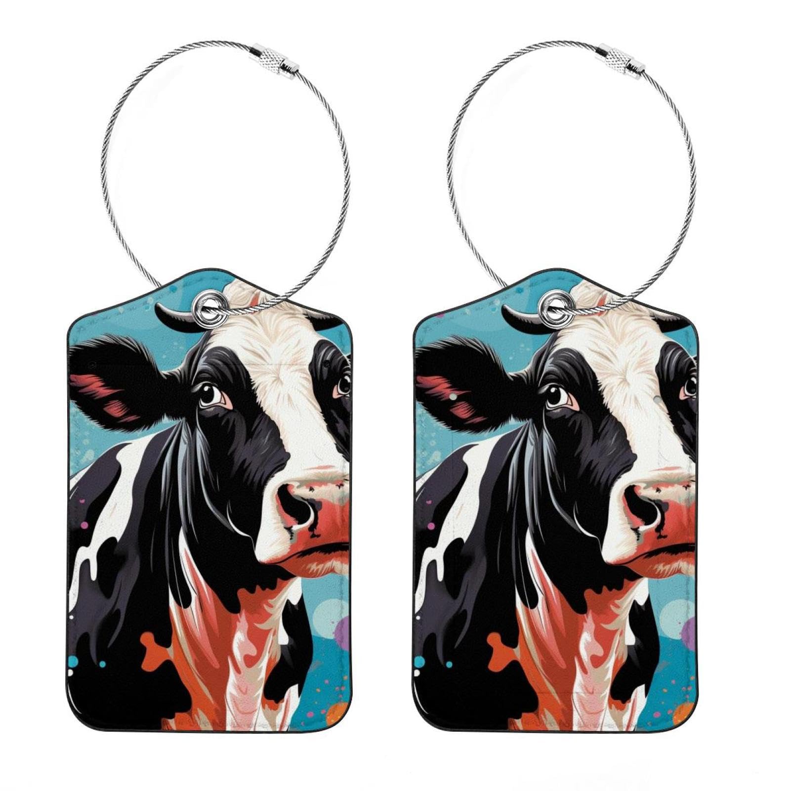 Beautiful CowBright and Personalized Luggage Tags, 2Pcs, Durable PU Leather with Privacy Flap, Travel Bag Accessories