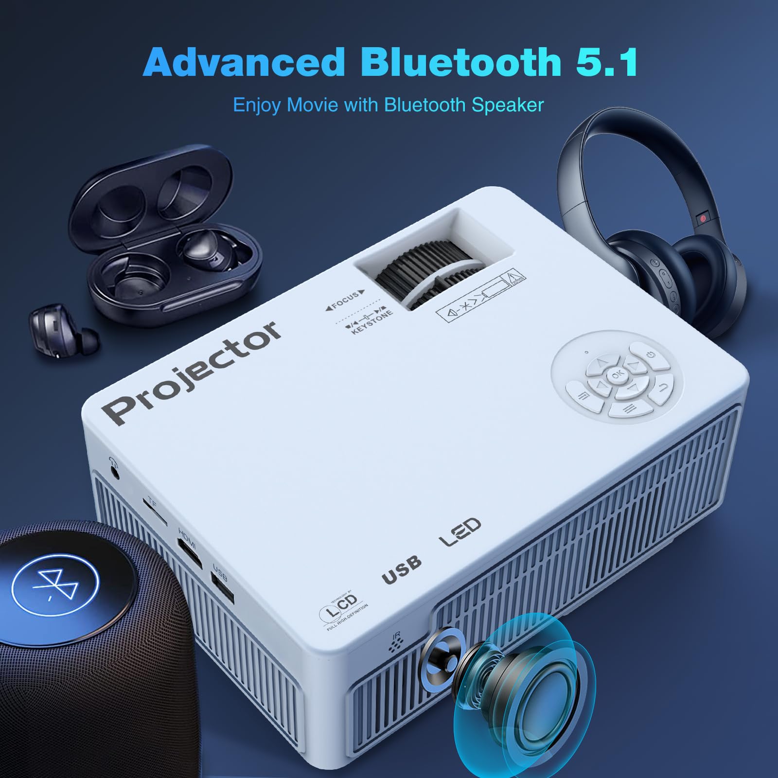 Native 1080P Projector with 5G WiFi Bluetooth (with Tripod), 4K Supported Home Projector, Portable Outdoor Projector with Max 300" Display, Movie Projector Compatible with TV Stick, HDMI, Phone