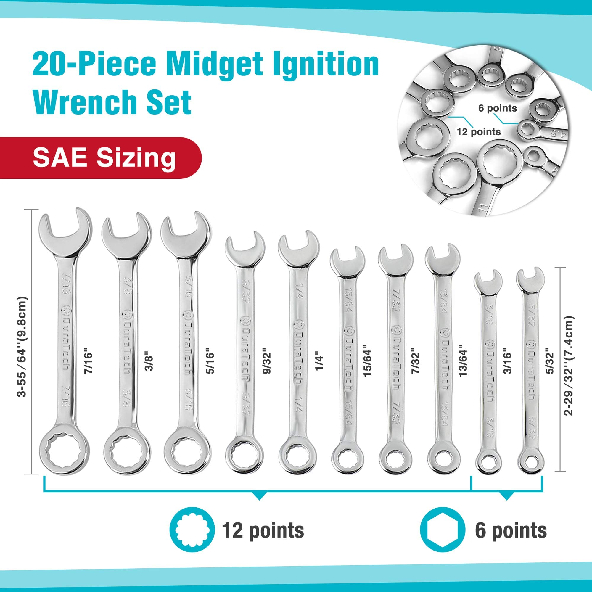 DURATECH Mini Wrench Set, Midget Combination Wrench Set, 20-Piece, Metric & SAE, 4-11mm & 5/32" - 7/16", Lightweight, with Rolling Pouch