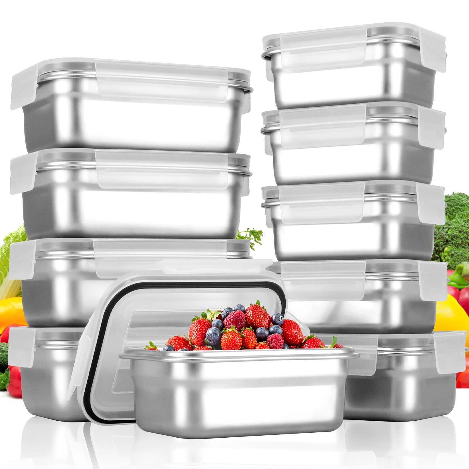 Cykorxicc 10 PC Square 304 Stainless Steel Food Containers with Lids, Airtight Bento Lunch Box, Metal Meal Prep Food Containers Reusable Stackable | Nestable Oven/Dishwsher/Freezer Safe