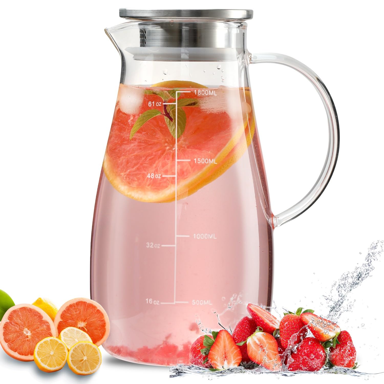 Wlasss Glass Pitcher, 68 oz 2 Liter Glass Pitcher with Lid and Precise Scale Line, Water Pitcher with Handle and Lid, for Hot/Cold Beverages, Coffee, Juice, Lemonade, and Milk