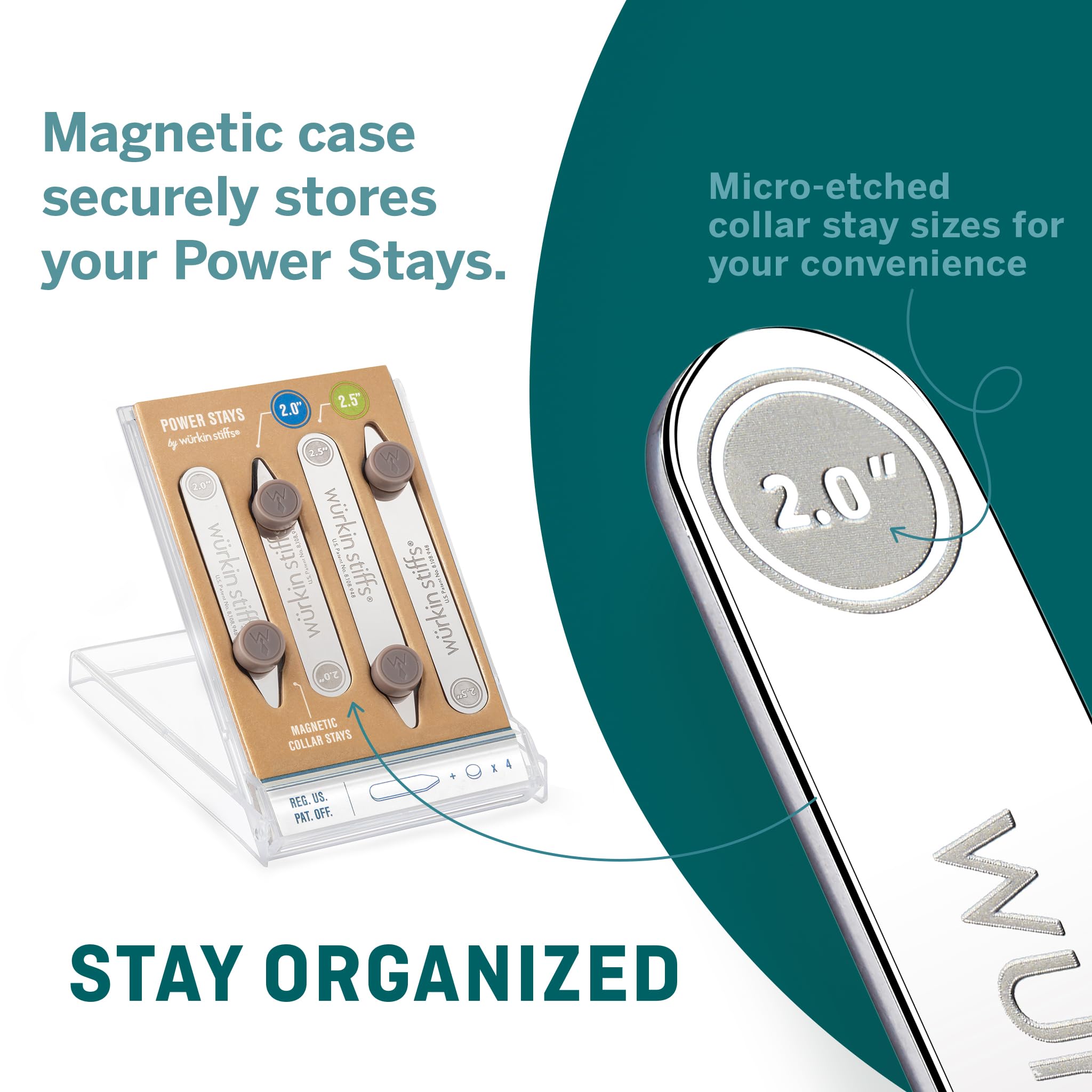 2.0-inch and 2.5-inch Power Stays Magnetic Collar Stays by Würkin Stiffs | 1 Pair of Each Size | Includes (2) 2.0” Power Stays and (2) 2.5” Power Stays with Storage Case | As Seen on Shark Tank
