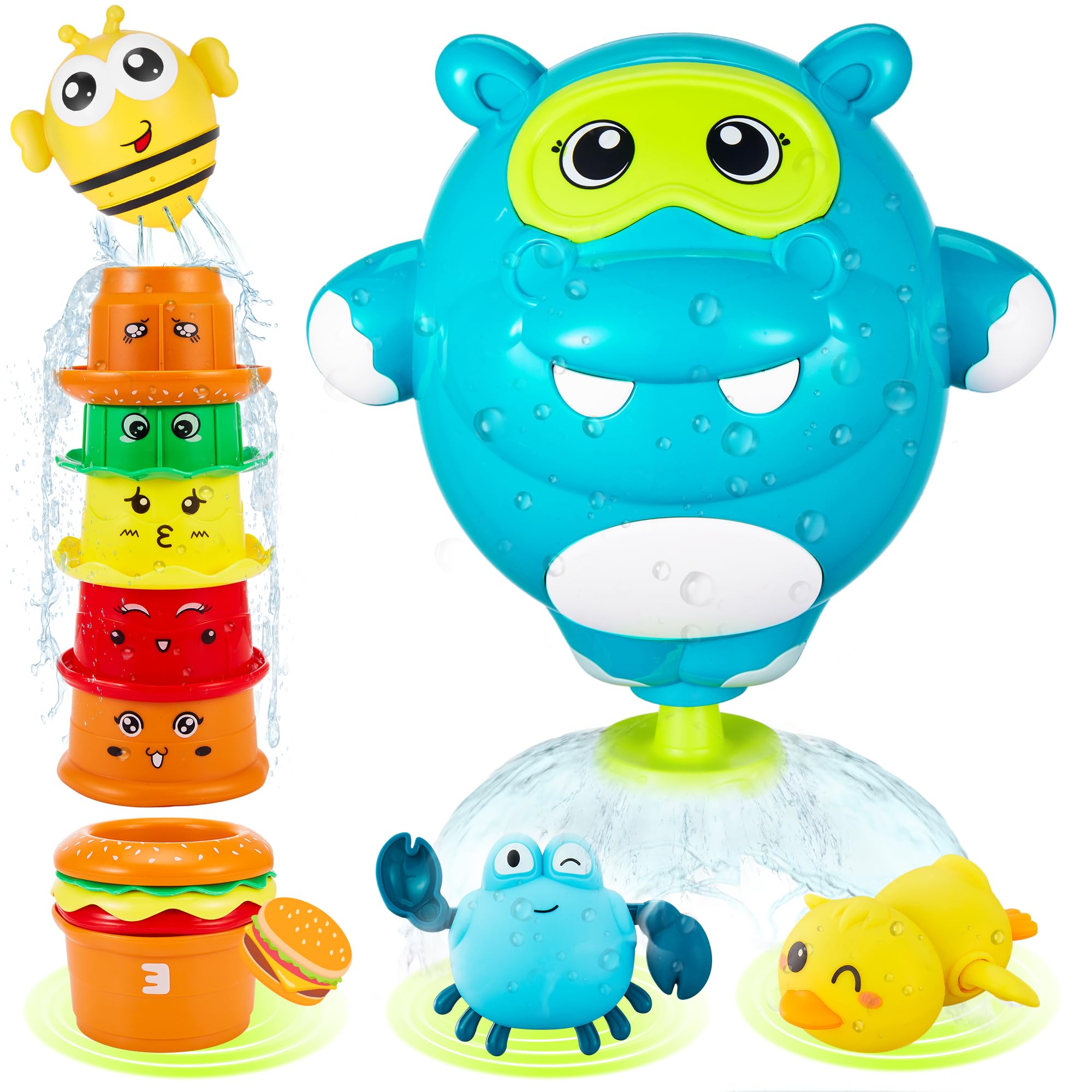 EKUEASYKU Bath Toys for Kids Ages 1-3 2-4 4-8 Hippo Toddler Bath Toys Water Toys with Burger Stacking Cups Swimming Duck Crab Bathtub Tub Toys Bath Time Emotion Letter Learning