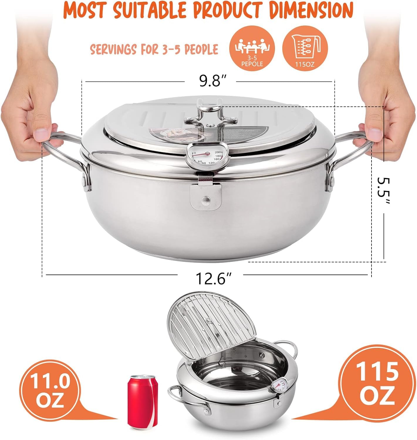 Deep Fryer Pot,Oxydrily Japanese Tempura Deep Fryer Stainless Steel Frying Pot With Thermometer