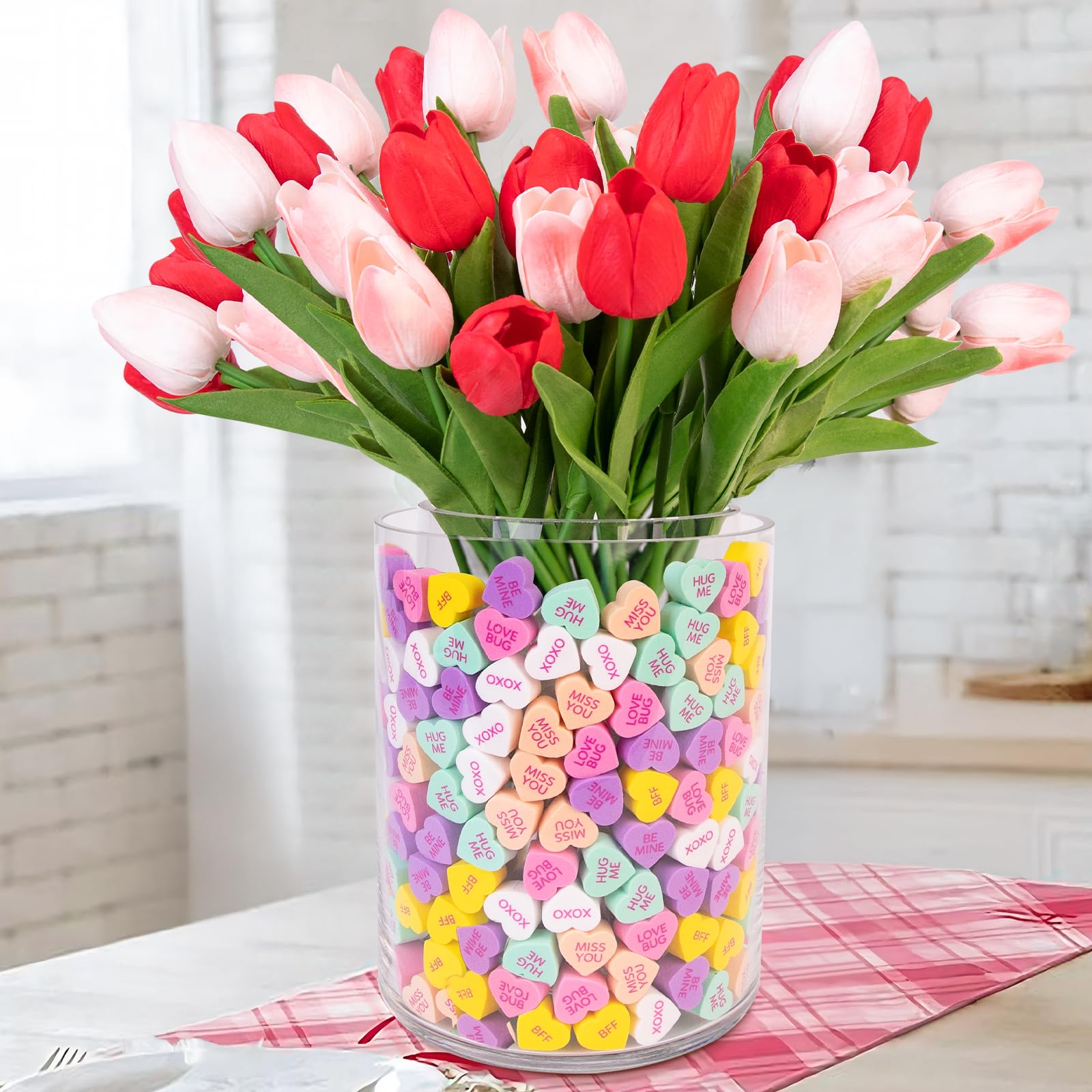 MOREDOTS Valentines Day Decorations - Valentines Decor - Conversation Hearts Vase Filler Set - Sweet Floral Arrangement Home Decoration Centerpieces for Tables Mantel