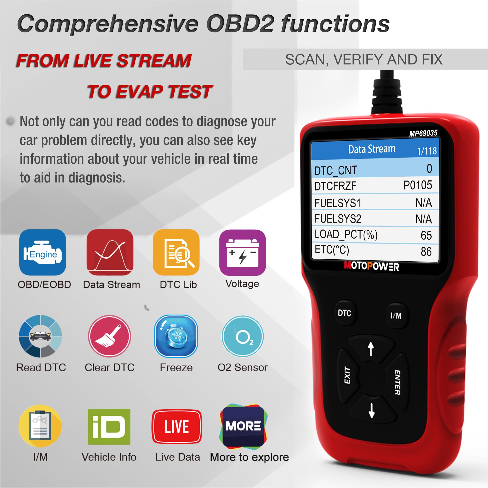 MOTOPOWER MP69035 OBD2 Scanner Universal Car Engine Fault Code Reader, CAN Diagnostic Scan Tool for All OBD II Protocol Cars