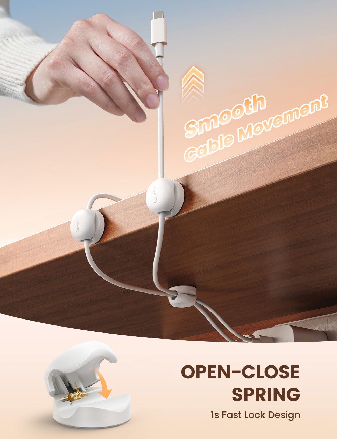 Lamicall Cord Organizer, Spring Cable Management Clips - 6Pack Latest Compact Desk Cable Holder Clips, Nightstand Phone Charging Cord Holder, 8mm Slot Adhesive Wire Organizer, Office Accessory, White
