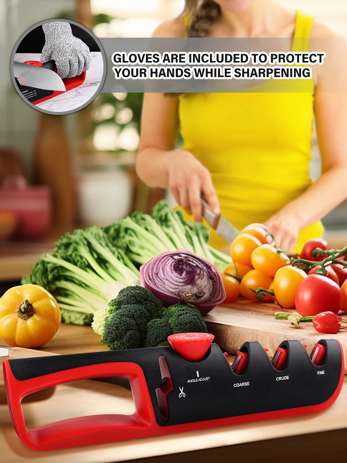 4 in 1 Knife Sharpeners, Kalolary Kitchen Knife Sharpener Handheld Knives Sharpening with Cut-resistant Glove Scissors Sharpener Adjustable Angle Knife Sharpener Tool for Blade Kitchen Knives Scissors