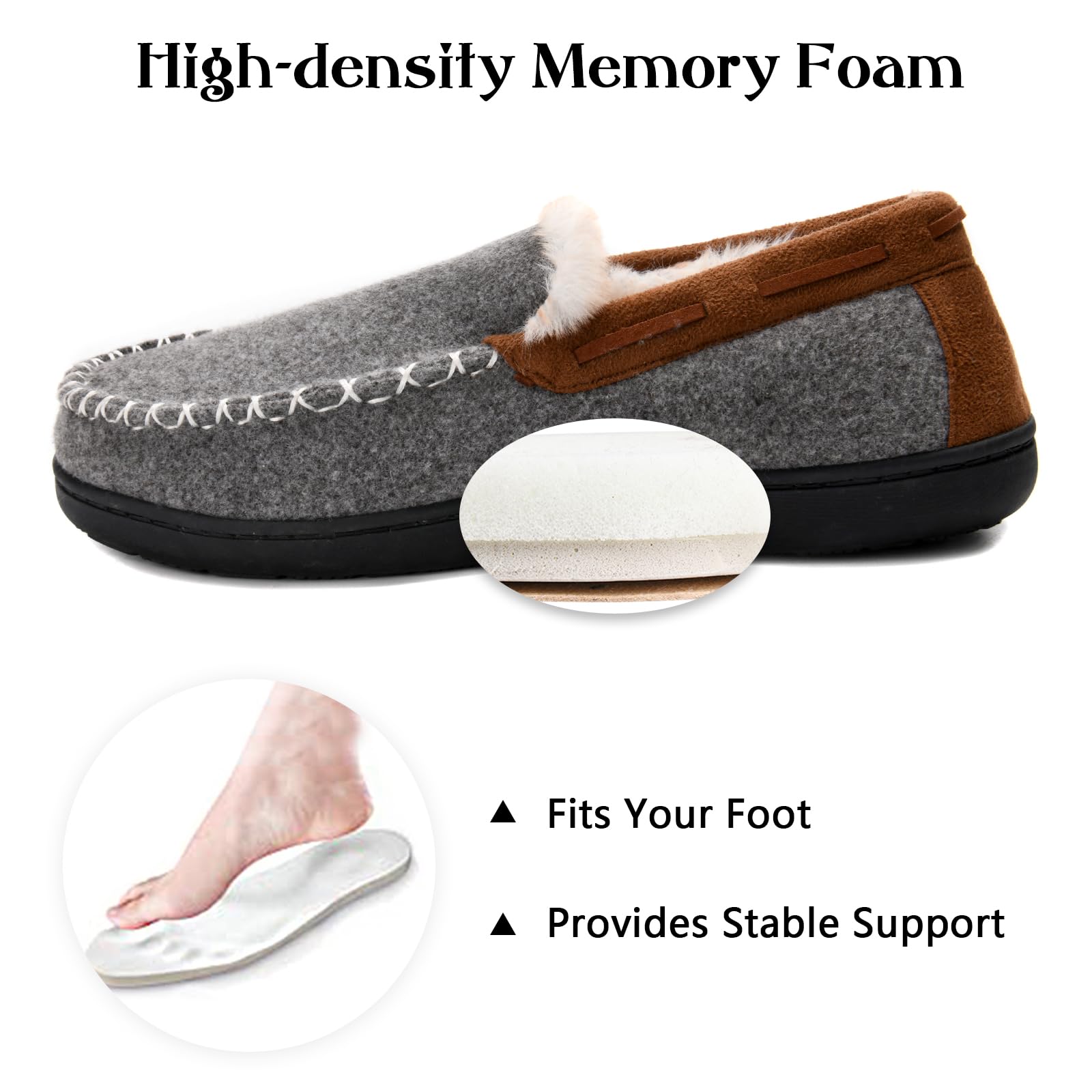 Honalika Men's Fuzzy Moccasin House Slippers Memory Foam, Cozy Mens Fluffy Warm Indoor Slippers Closed Back for Winter, Non-Slip Soft Comfy Bedroom Slippers for Men