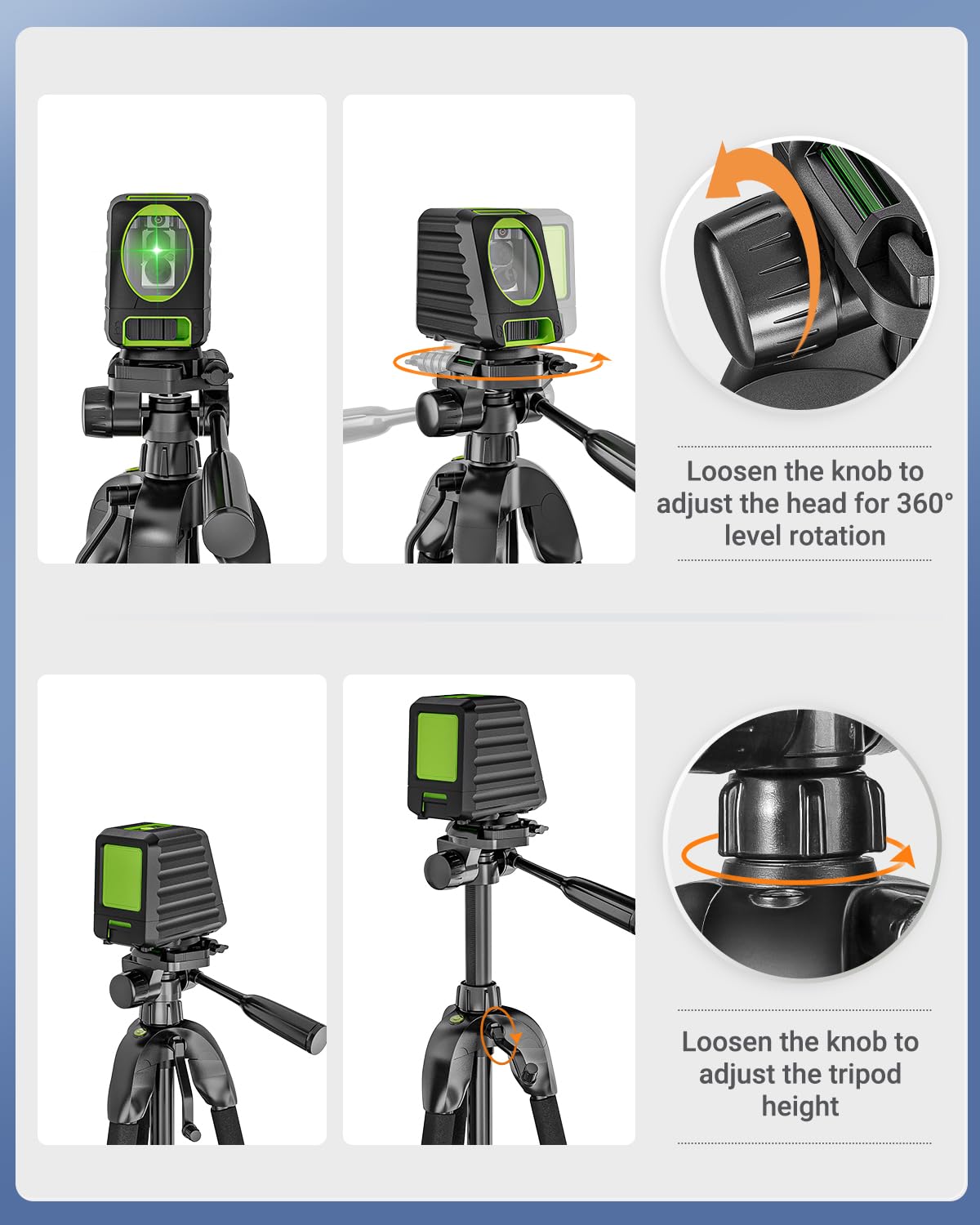 Laser Level Tripod, Huepar 56-inch Extendable Height Tripod Use with Line Lasers, Point Lasers, Laser Distance Measures, 1/4" and 5/8" Thread Mount, Multi-Function Hook, Non-Skid Feet, TPD14
