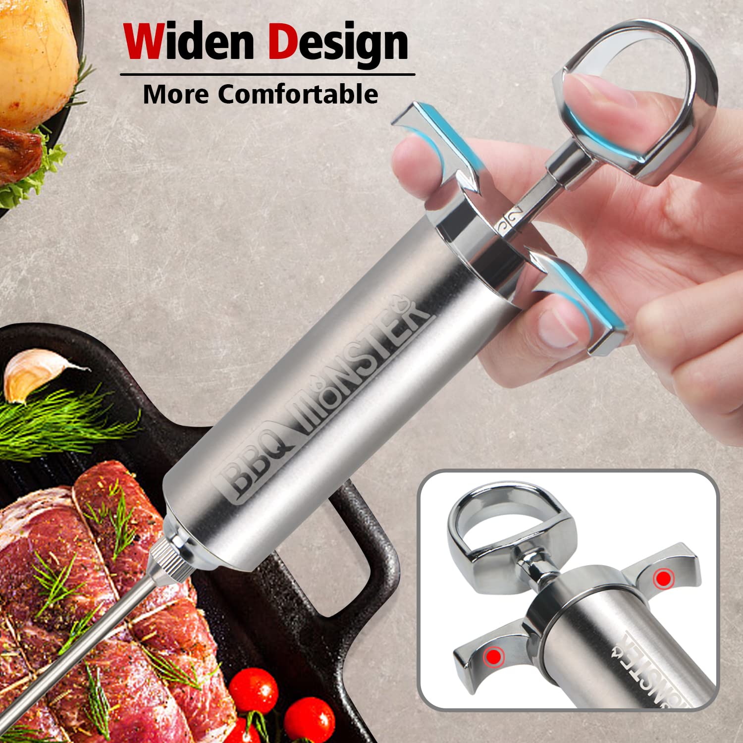 BBQ Monster Meat Injector Syringe Kit with 4 Professional Marinade Injector Needles for BBQ Grill Smoker, Turkey and Brisket; 2-oz Large Capacity, Including Paper User Manual, Recipe E-Book (PDF)