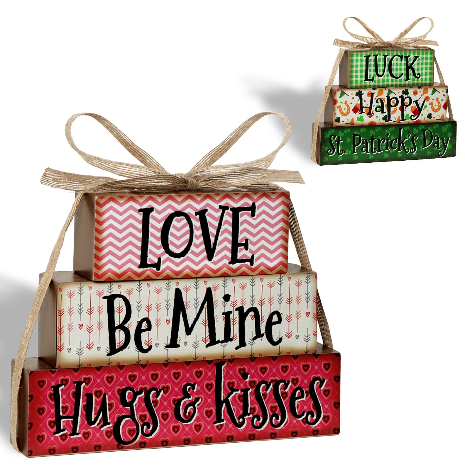 Pawliss Valentines Day Decor, Valentines Tiered Tray Decor Reversible St. Patrick's Day Stack Blocks, Rustic Valentines decorations for Table Kitchen Farmhouse Valentine Shamrock Faux Bundle Decor