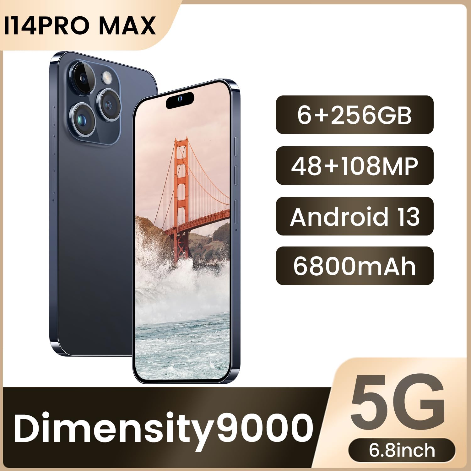 Huness I14 Pro MAX Smartphone Unlocked Cell Phone, Battery 6800mAh 6.82" HD Screen Unlocked Phones, 6+256GB Android 13 with 128GB Memory Card, Dual SIM/Fingerprint Lock/Face ID/GPS (Blue Titanium)