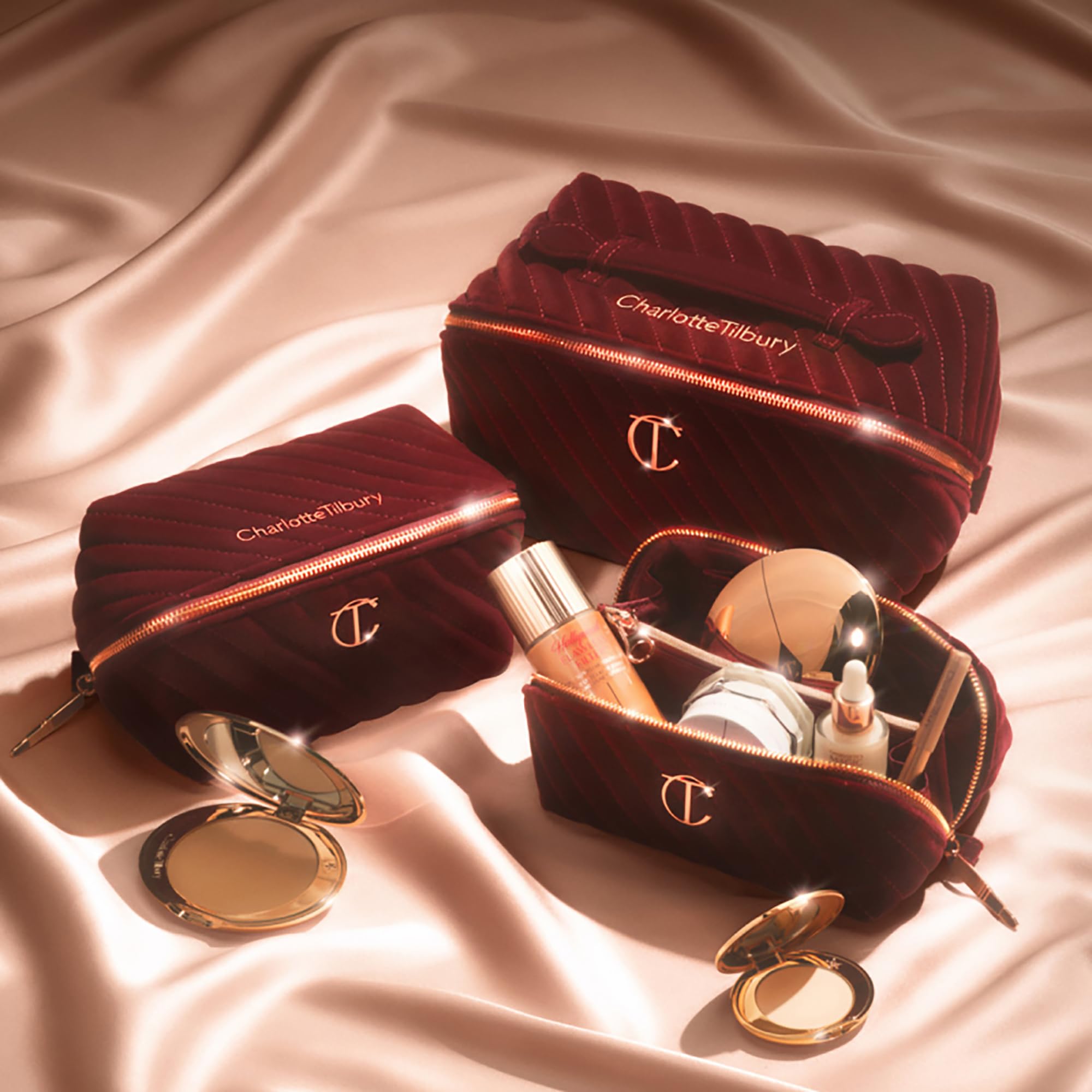 Charlotte Tilbury Medium Travel Makeup Bag of My Dreams - Quilted Velvet Skincare, Fragrance & Cosmetic Organizer with 3 Compartments & Zip Pocket - Iconic Night Crimson Toiletry Bag
