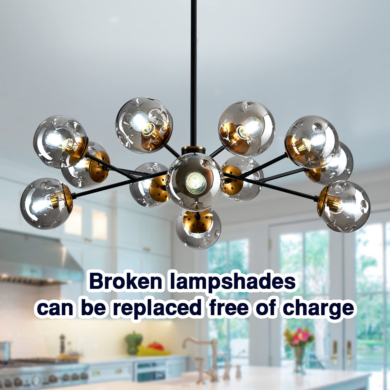 SZXYKEJI 12-Light Glass Chandelier，Large Sputnik Chandeliers for High Ceilings， Rustic Ceiling Lighting Fixture Pendent Light for Kitchen Dining Room Living Room Bedroom Office （Black）.