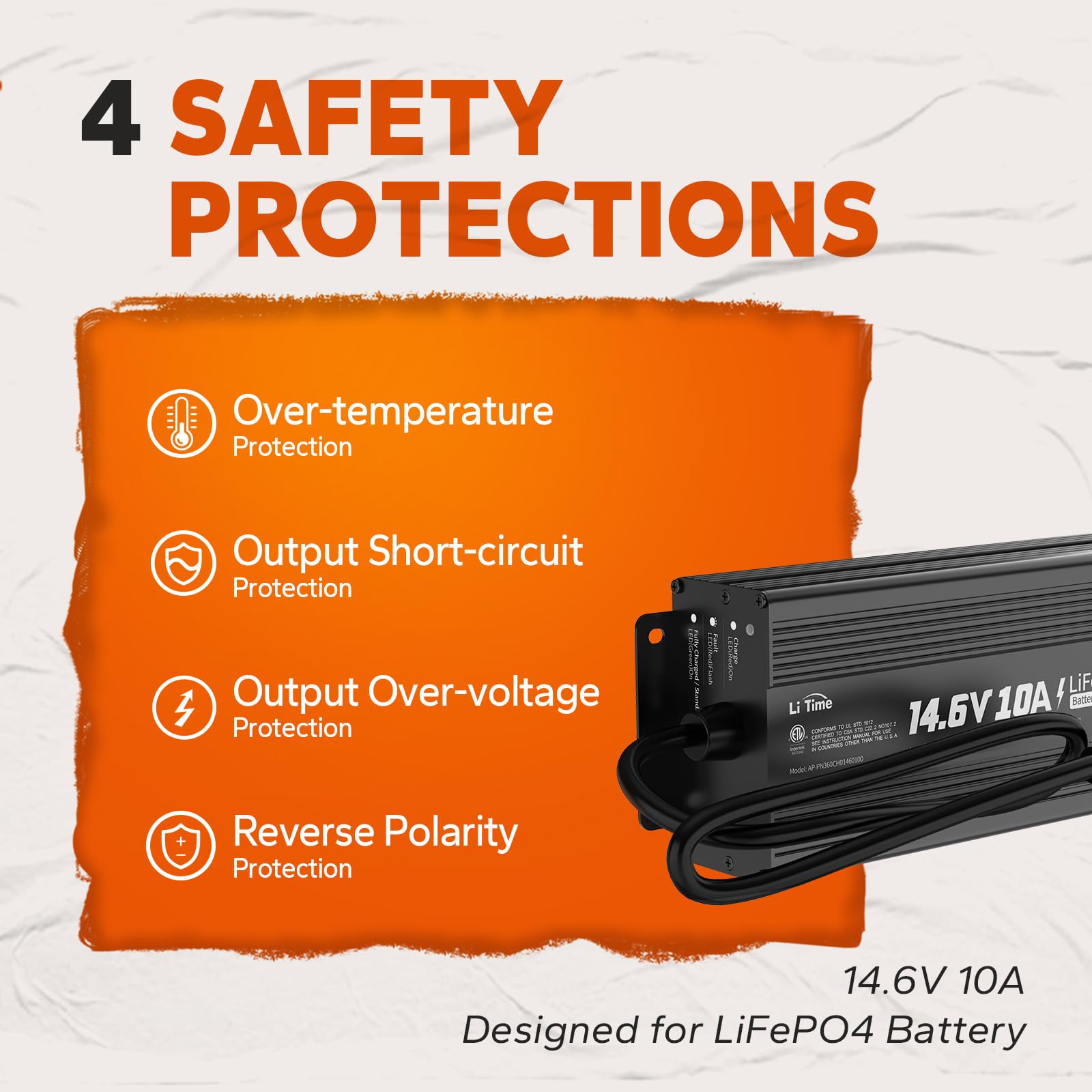 LiTime IP67 Waterproof 14.6V 10A LiFePO4 Onboard Charger, Fast Charging, 4 Safety Protections, Better Charging Performance, Extend Lithium Batteries Life, with LED Indicator, Outdoor & Marine Use