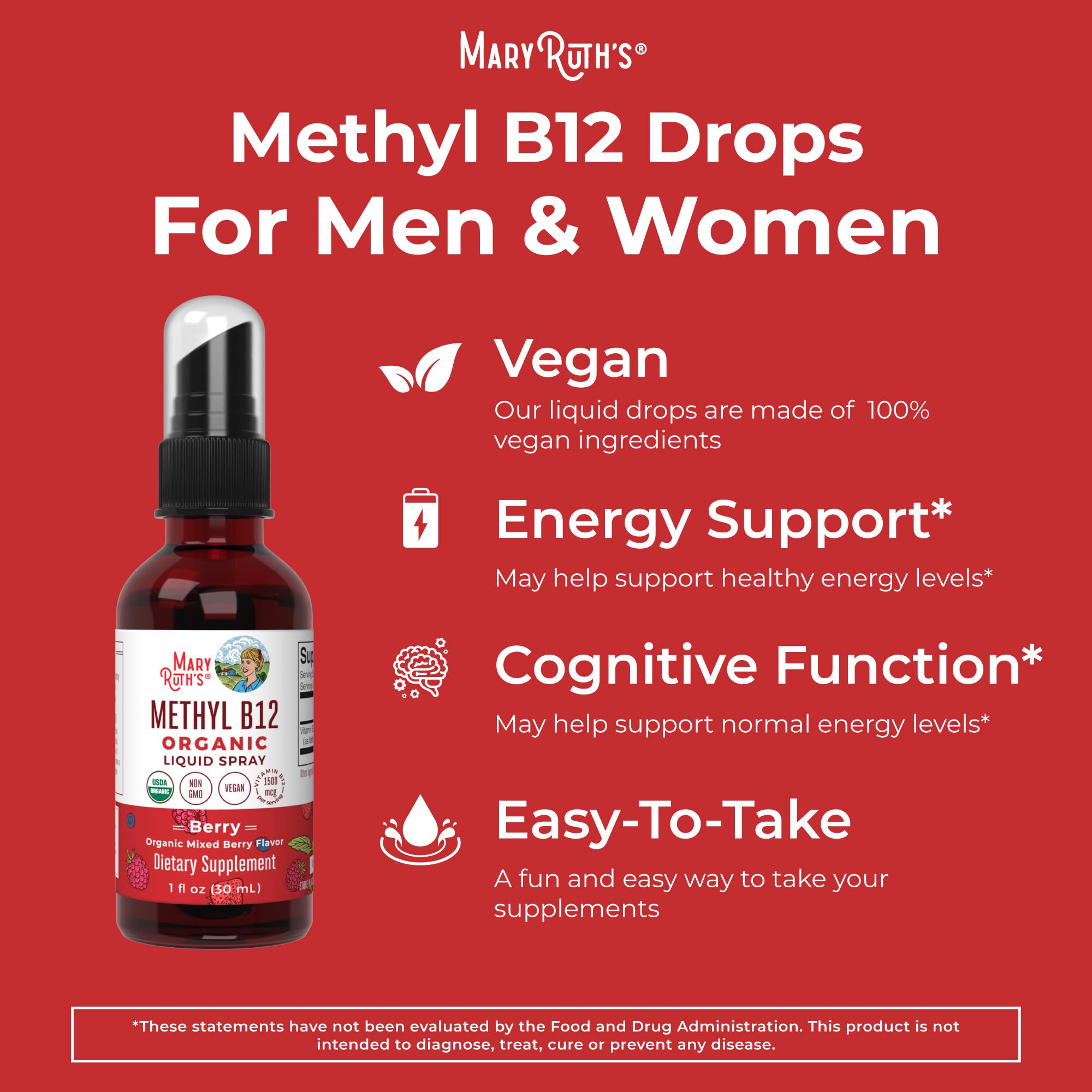 MaryRuth Organics Vitamin B12 Spray | USDA Organic Vitamin B12 Liquid Spray | B12 Vitamin Supplement Liquid for Nervous System Function | for Energy Support | Vegan | Non-GMO | Gluten Free | 1 Fl Oz