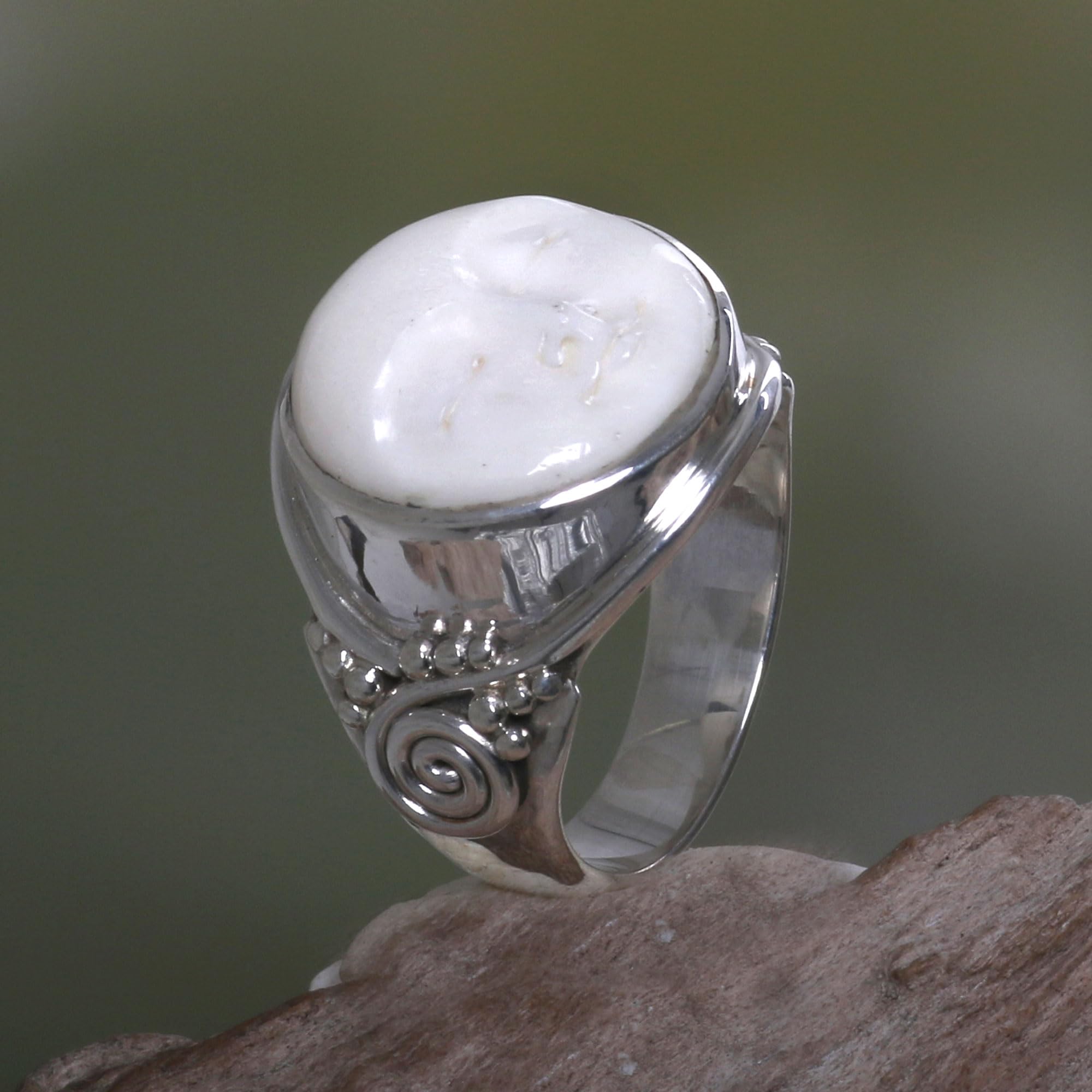 NOVICA Artisan Handmade Bone Ring Crafted .925 Sterling Silver Cocktail No Stone Indonesia 'Face of The Moon'