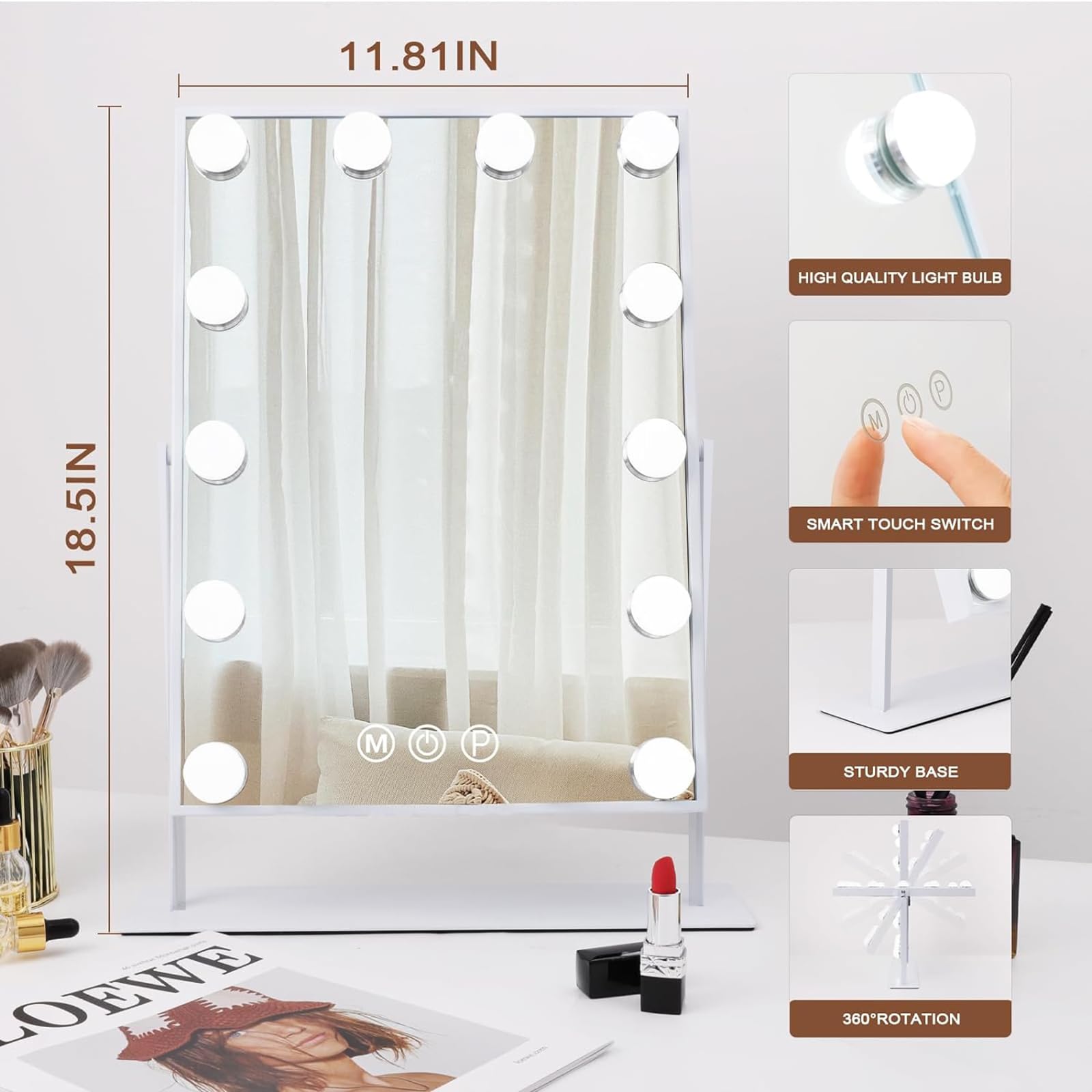 Hansong Vanity Mirror with Lights Makeup Mirror with Lights 12 Dimmable Bulbs Hollywood Lighted Makeup Mirror Detachable 10x Magnification 3 Color Lighting Modes